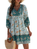 Qearal Women's Boho Dress Summer Mini 3/4 Sleeve V Neck Loose Casual Beach Dress Blue XL