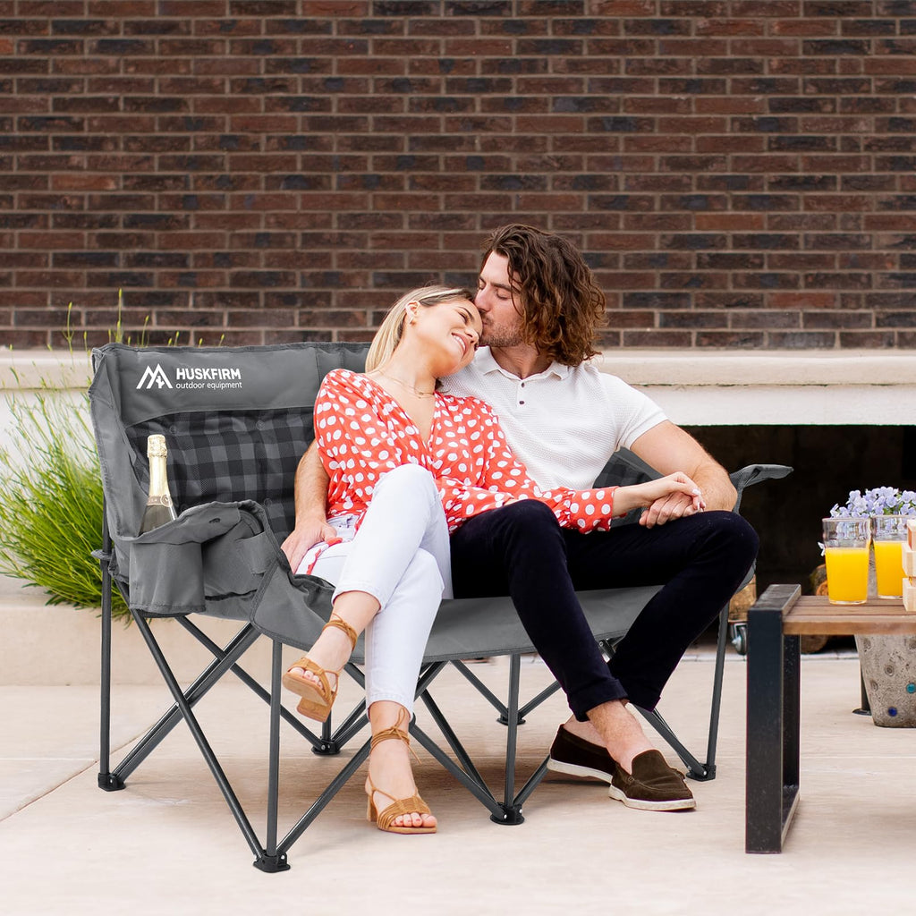 Double Camping Chair Padded 2 Person Camping Chair Camping Loveseat - Heavy Duty Oversized Camping Couch for Adults Outdoor Lawn Beach - Portable Folding Sofa with Cup Holders and Carry Bag, Grey