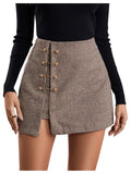 WDIRARA Women's Side Slit Metallic Trim High Waisted Faux Leather Short Skirts Brown Plaid Medium
