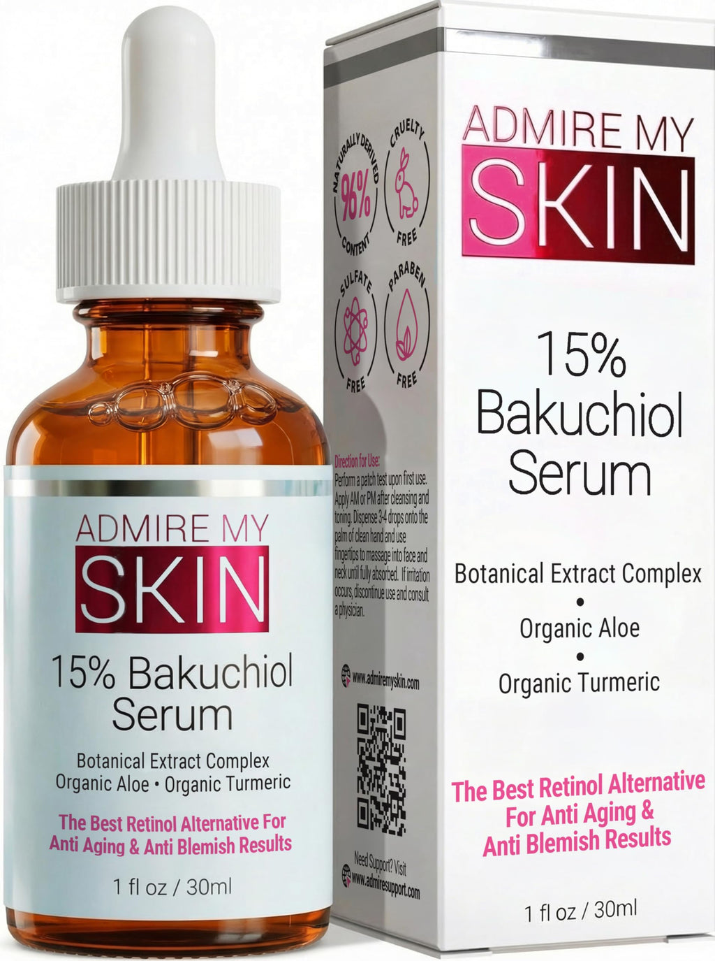 Admire My Skin Bakuchiol Serum Natural Retinol Serum Alternative for Face – Anti Blemish Anti Aging Facial Serum Contains Organic Aloe + Turmeric 1oz