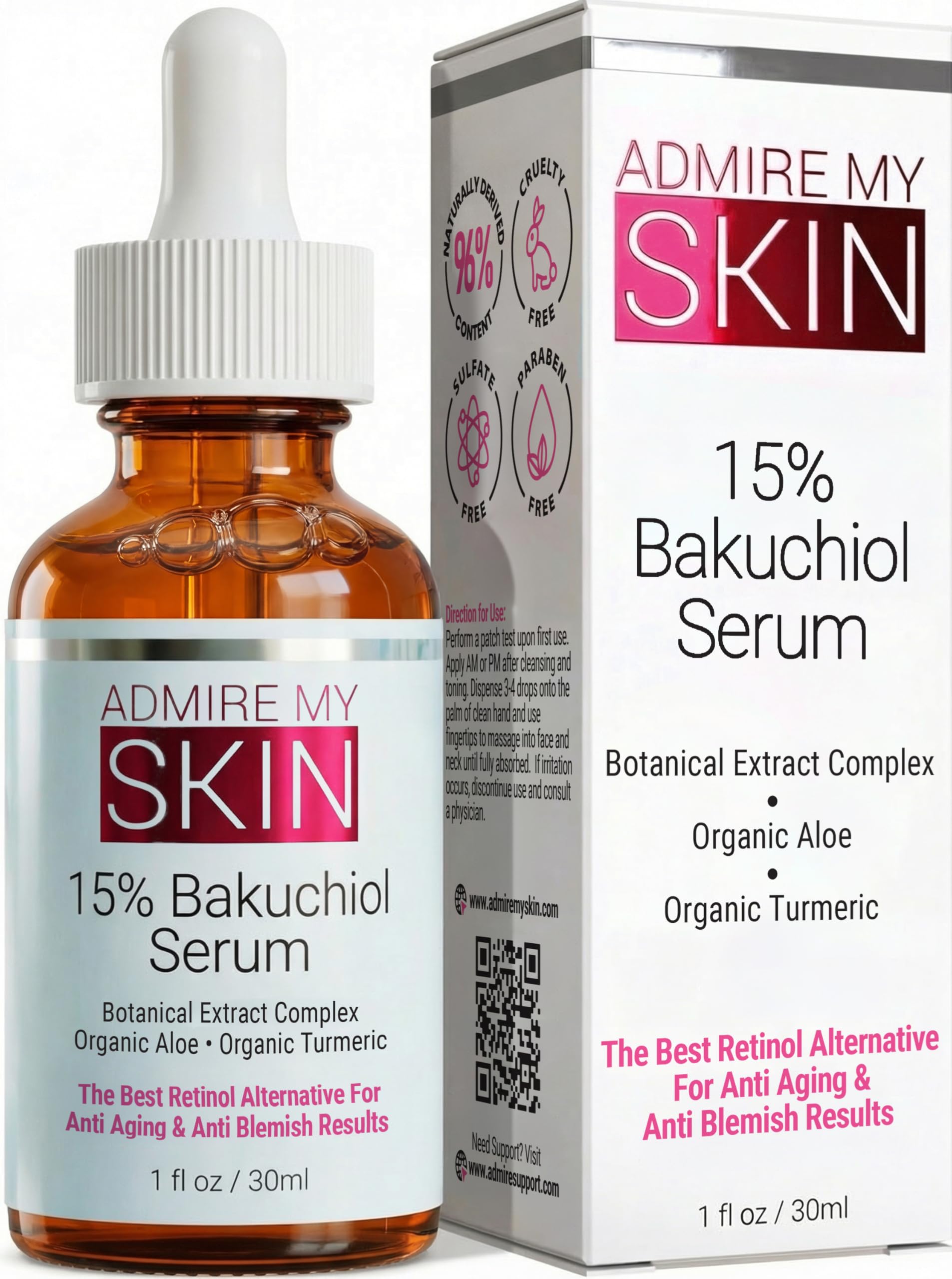Admire My Skin Bakuchiol Serum Natural Retinol Serum Alternative for Face – Anti Blemish Anti Aging Facial Serum Contains Organic Aloe + Turmeric 1oz