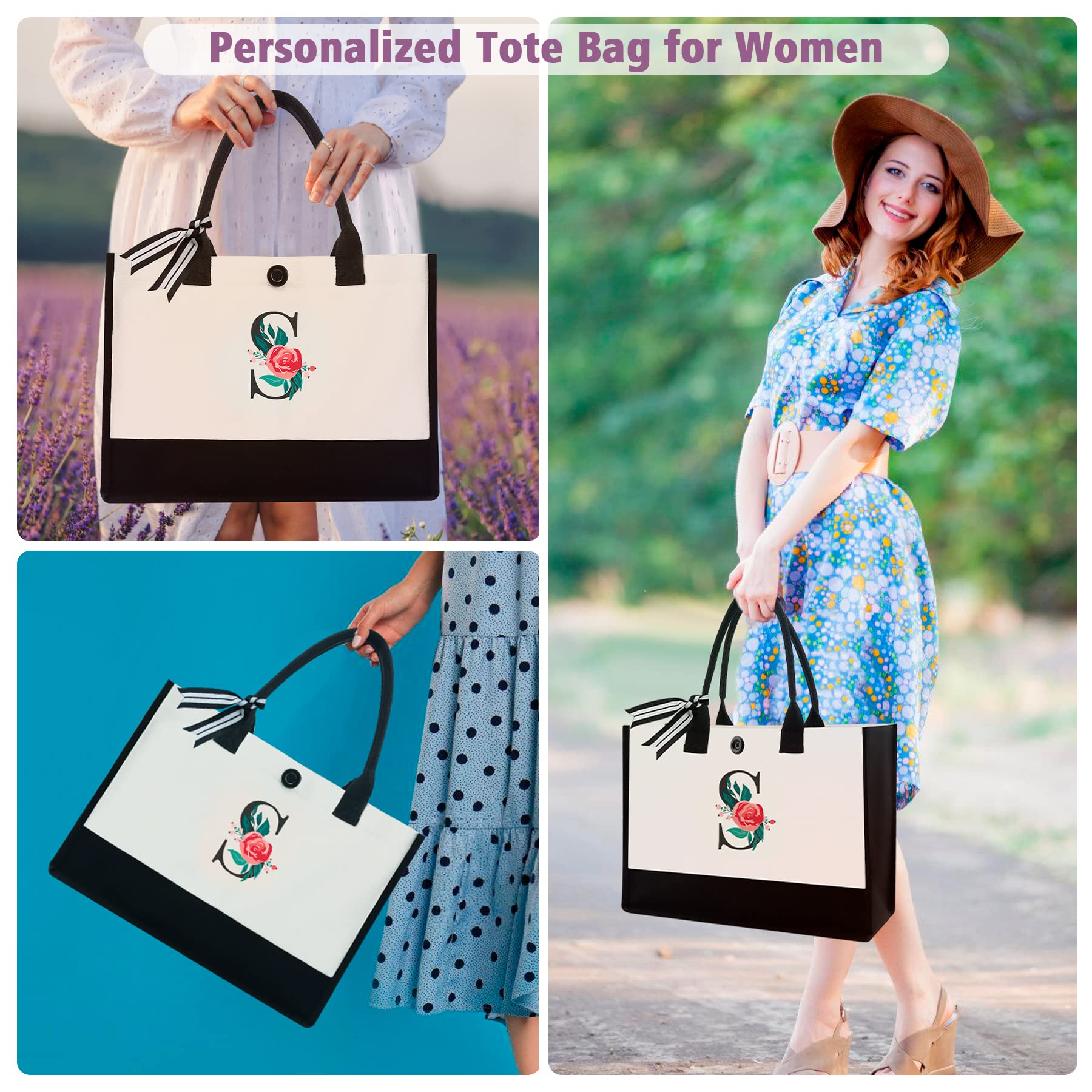 Binggemen Initial Canvas Tote Bag, Personalized Birthday Gifts for Women Mom Friends Teachers, Monogrammed Tote Bags Suitable for Valentine's Day Wedding Beach (Letter S)