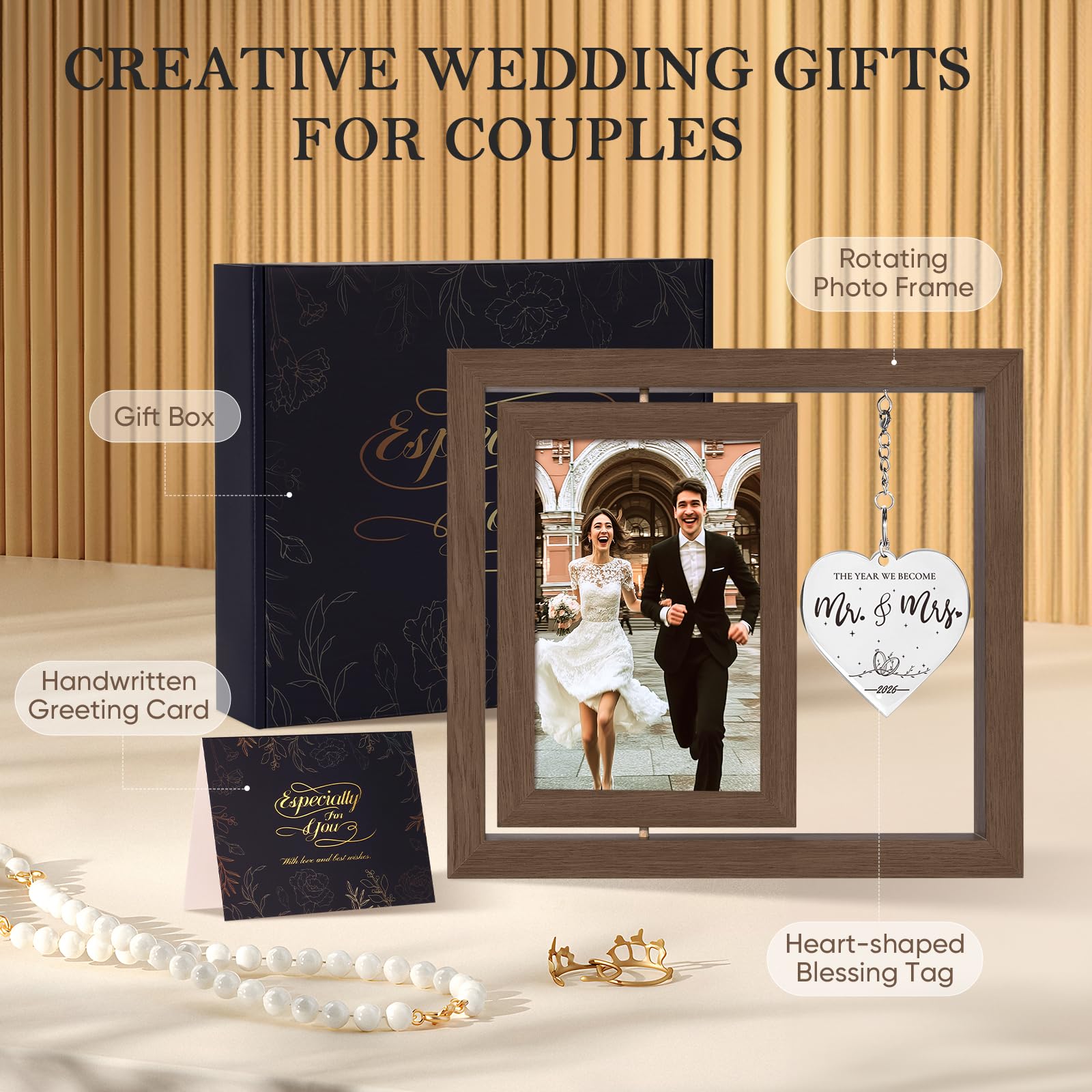 PIKPEOD Rotating Wedding 2026 Picture Frame 4x6 - Bridal Shower & Engagement Gifts for Couples & Newlyweds - Mr & Mrs Personalized Gifts (brown)