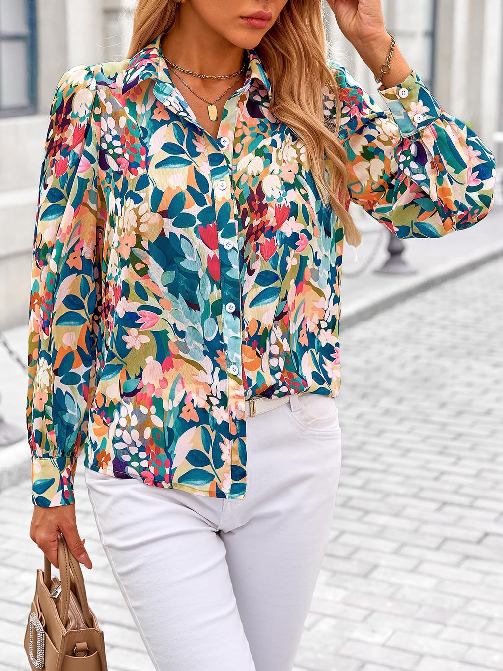 PRETTYGARDEN Women's Floral Blouses Dressy Casual V Neck Button Down Shirts Lantern Long Sleeve Boho Chiffon Spring Tops 2026(Floral Blue Green,M)