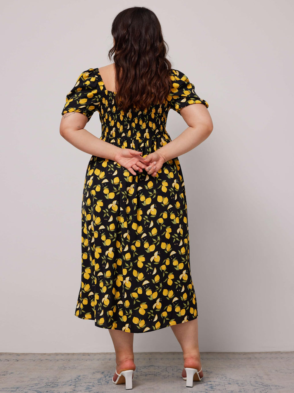 CIDER Women's Plus Size Dress Floral Fruit Square Neck Puff Sleeve Split Sun Dress Summer Midi Dresses Vacation Outfits Black