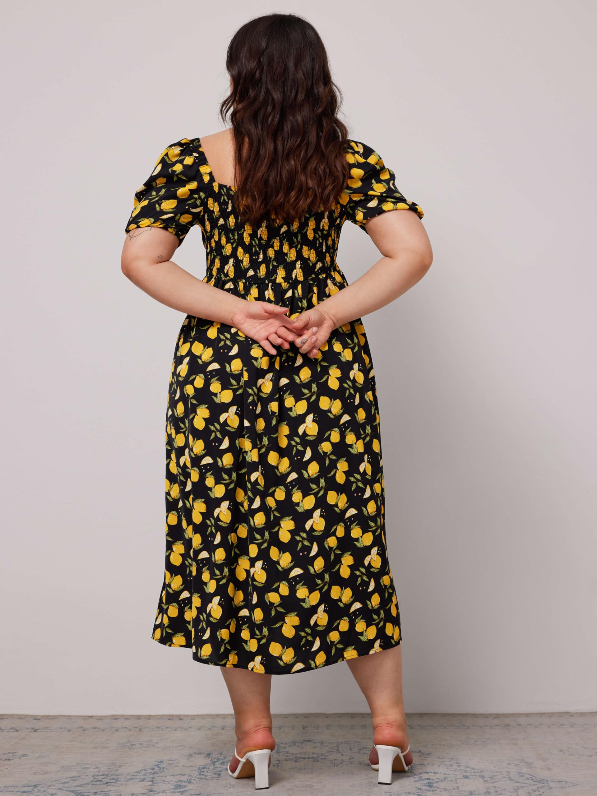 CIDER Women's Plus Size Dress Floral Fruit Square Neck Puff Sleeve Split Sun Dress Summer Midi Dresses Vacation Outfits Black