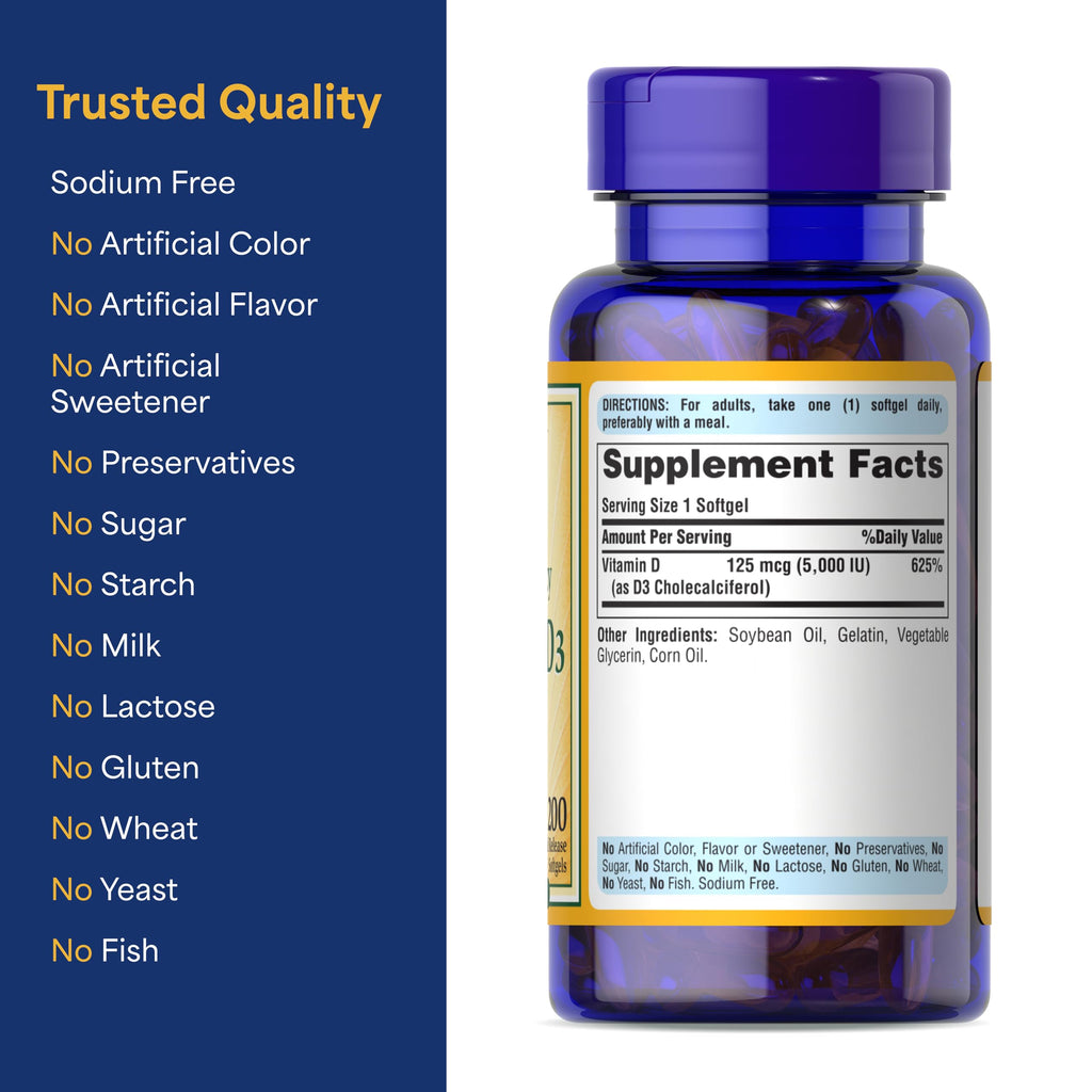 Puritan's Pride Premium Sunvite™ Mega-Potency Vitamin D3 5,000 IU, Dietary Supplement for Healthy Bones, Teeth, and Immune System Support, 200 Rapid Release Softgels (Packaging May Vary)