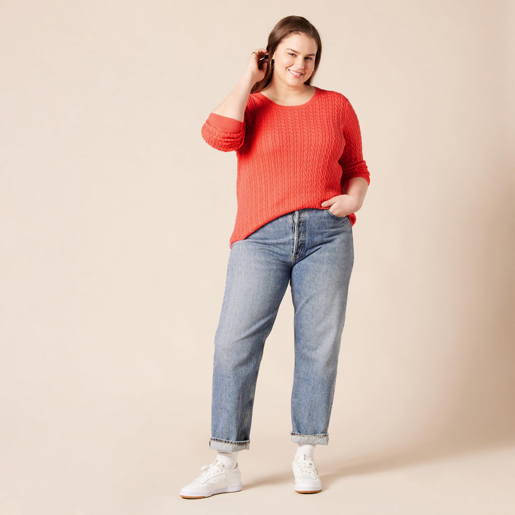 Amazon Essentials Women's Lightweight Long-Sleeve Cable Crewneck Sweater (Available in Plus Size), Coral Pink, Large