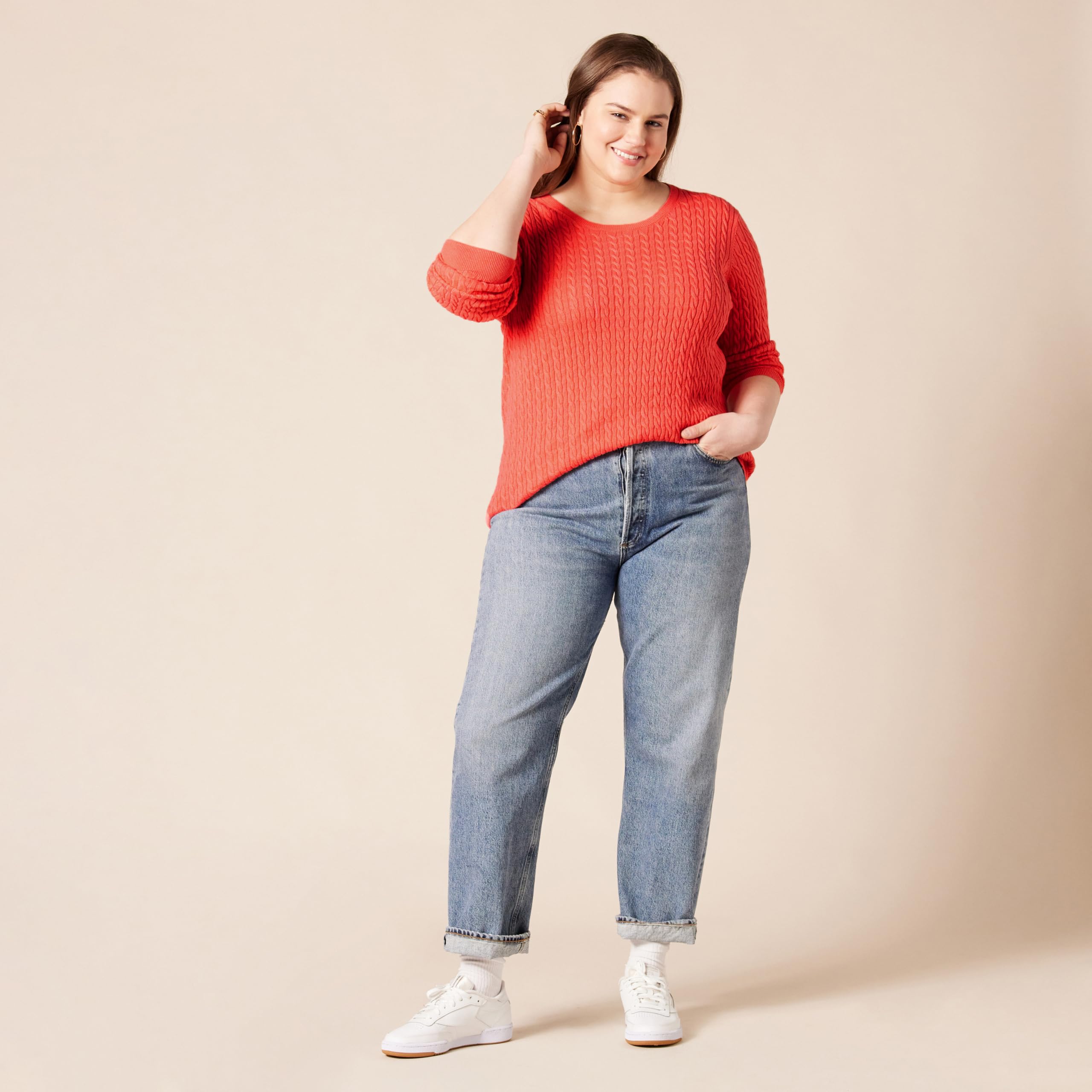 Amazon Essentials Women's Lightweight Long-Sleeve Cable Crewneck Sweater (Available in Plus Size), Coral Pink, Large