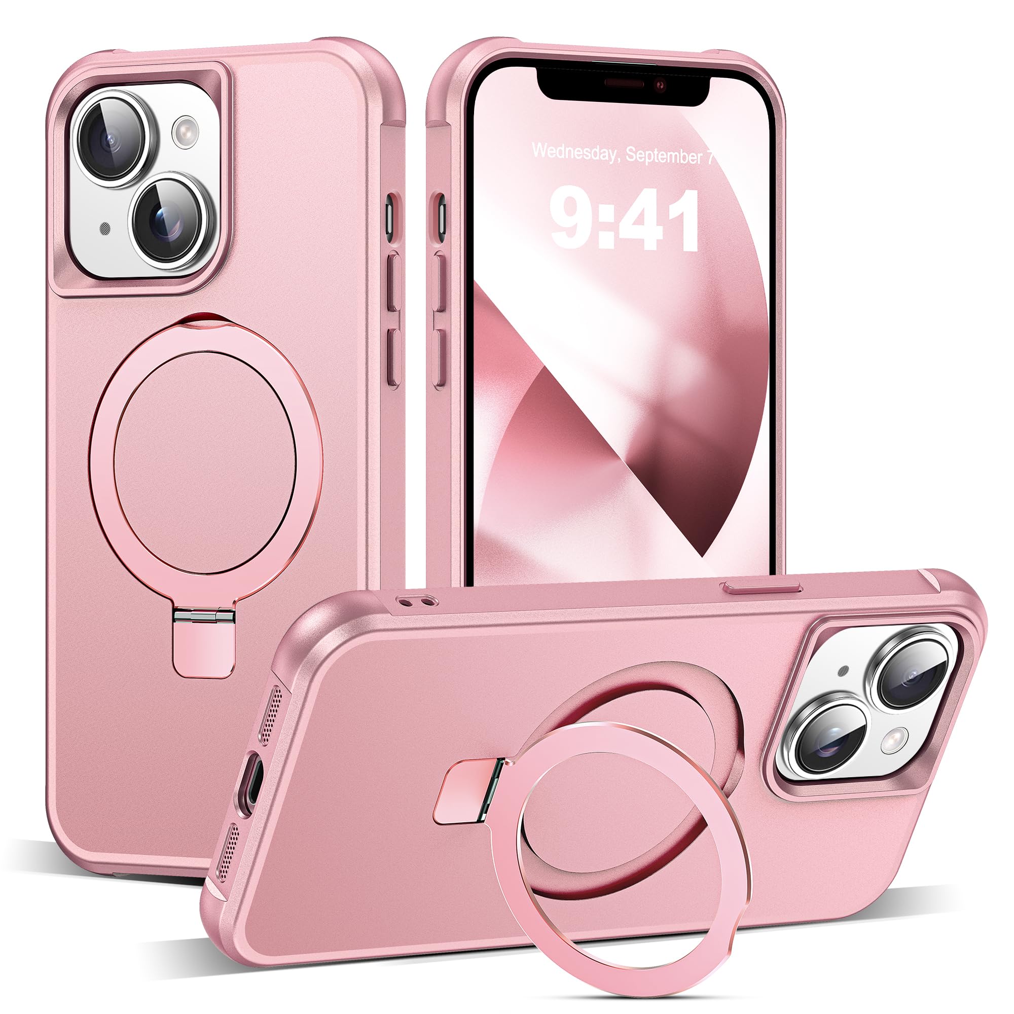 SKYLMW Compatible with iPhone 13 Case & iPhone 14 Case with Invisible Magnetic O-Ring Stand Phone Cases for 13 & 14 6.1" [Compatible with Mag-Safe][Great Grip Feeling], Rose Gold