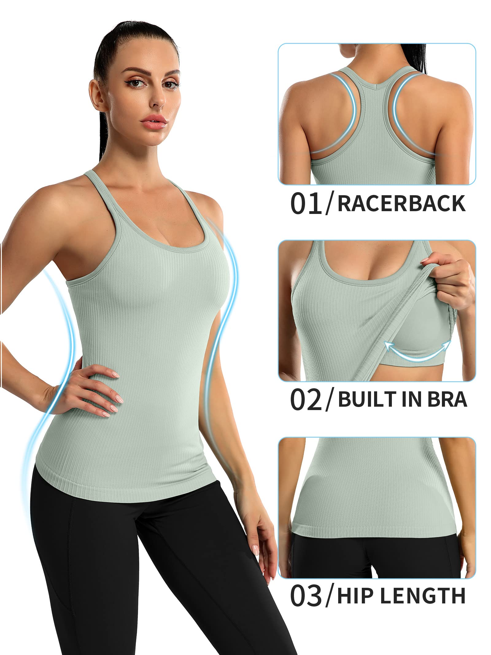 ATTRACO Womens Ribbed Workout Tank Tops Racerback Fitness Running Tops Slim fit Light Green