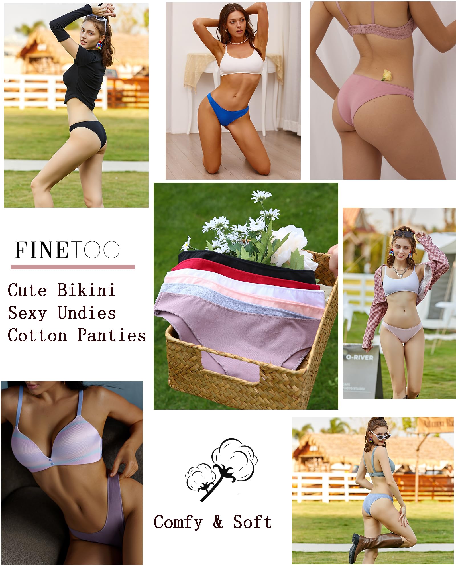 FINETOO 6 Pack Cotton Underwear for Women Cute Low Rise Bikini Panties High Cut Breathable Sexy Womens Cheeky S-XL