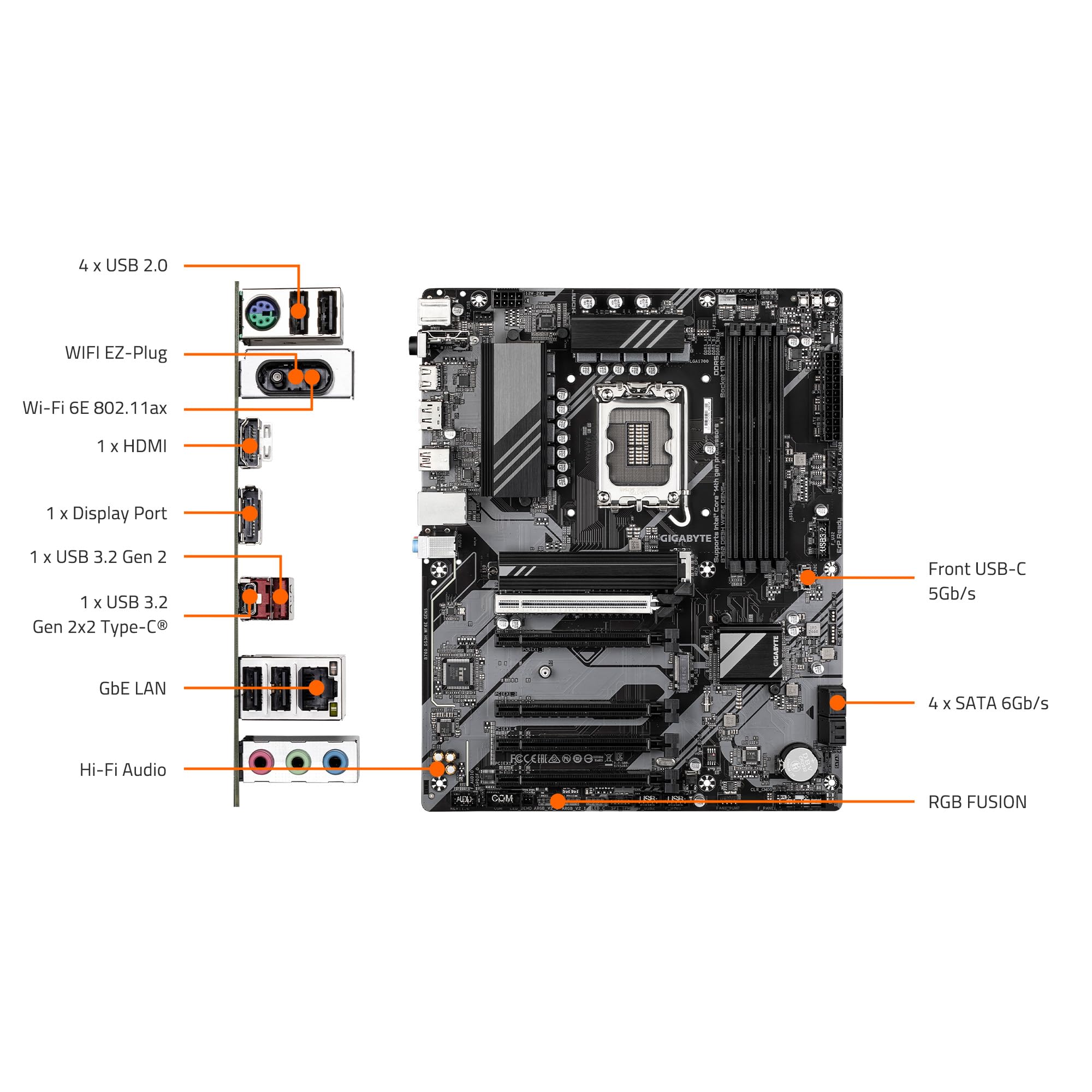 GIGABYTE B760M DS3H WIFI6E GEN5 Intel LGA 1700 mATX Motherboard, Supports Intel Core 14th/13th/12th Gen, DDR5, 6+2+1 Power Phase, 2X M.2, PCIe 5.0, USB-C, WIFI6E, 2.5GbE LAN, PCIe EZ-Latch