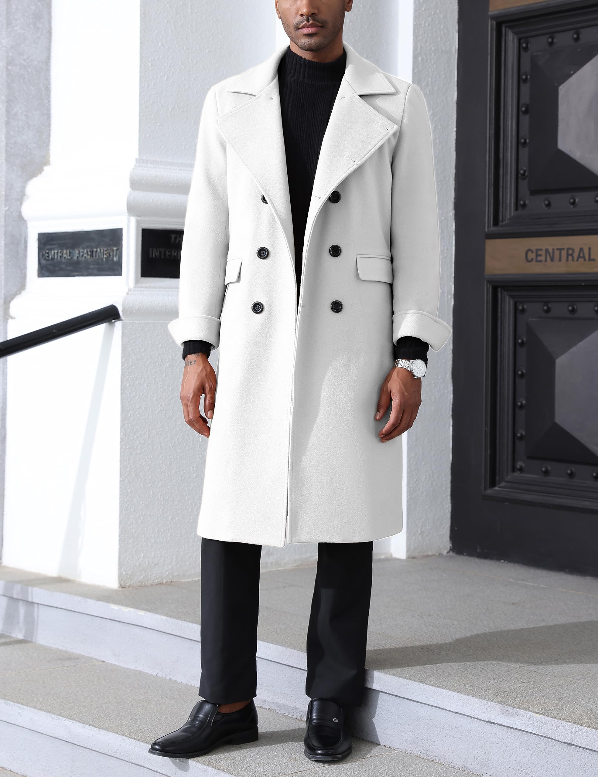Springrain Men's Pea Coat Double Breasted Overcoat Lapel Coat Classic Long Trench Coat(White-S)