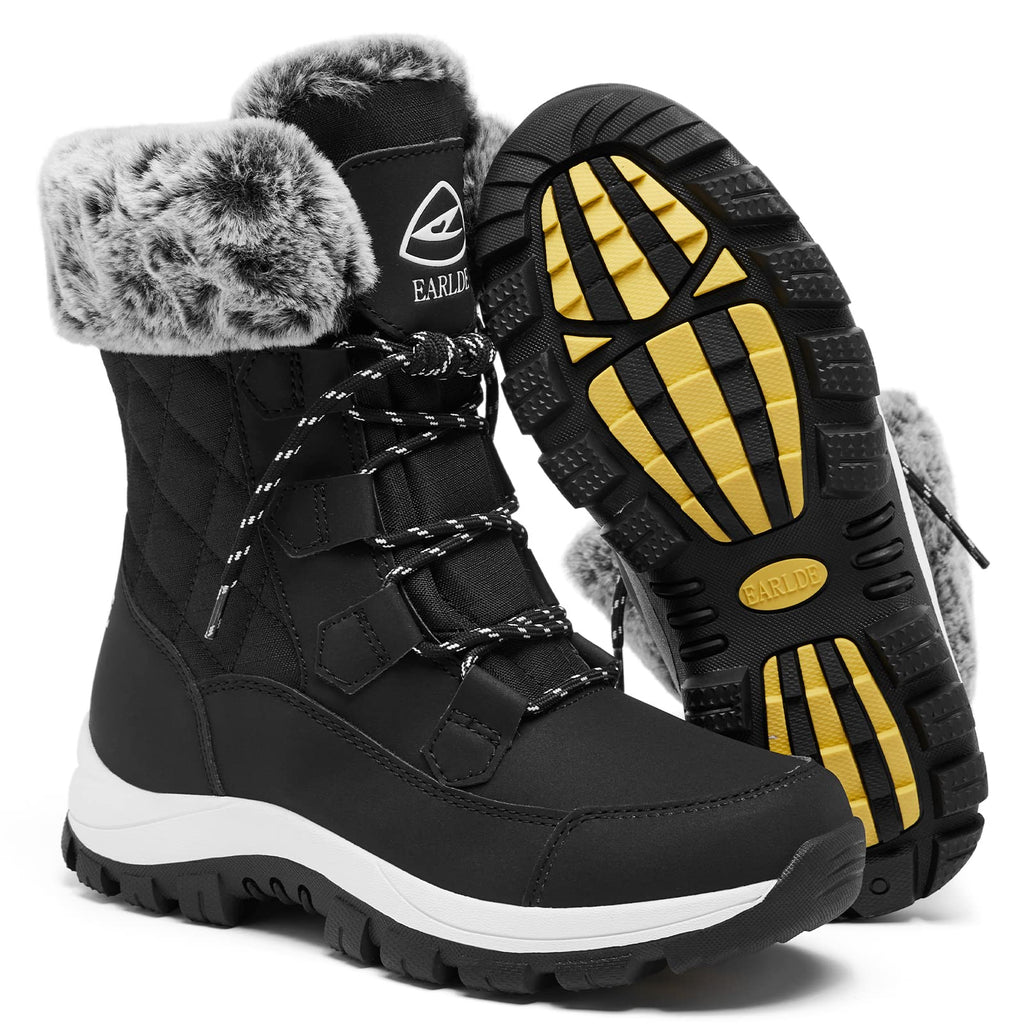 EARLDE Women’s Snow Boot With Waterproof Lace Up Mid-Calf Outdoor Winter Deep Tread Rubber Sole Size 8
