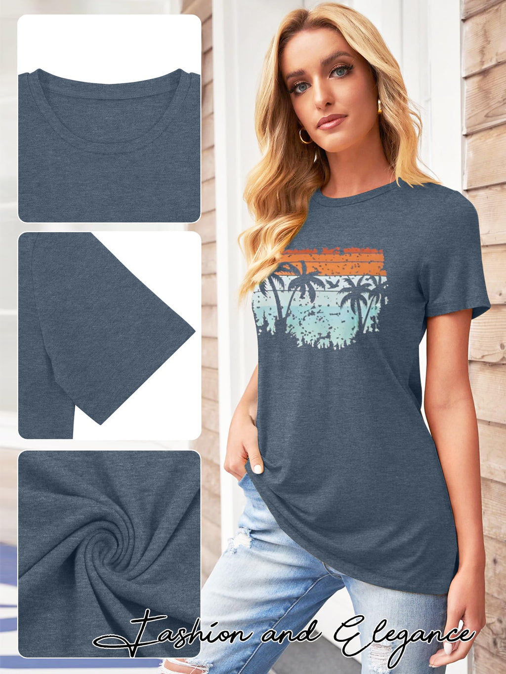 TAKEYAL Graphic Tees for Women Map Count Tree Print Short Sleeve T Shirts Summer Casual Tee Beach Vacation Top (Blue Gray, M)