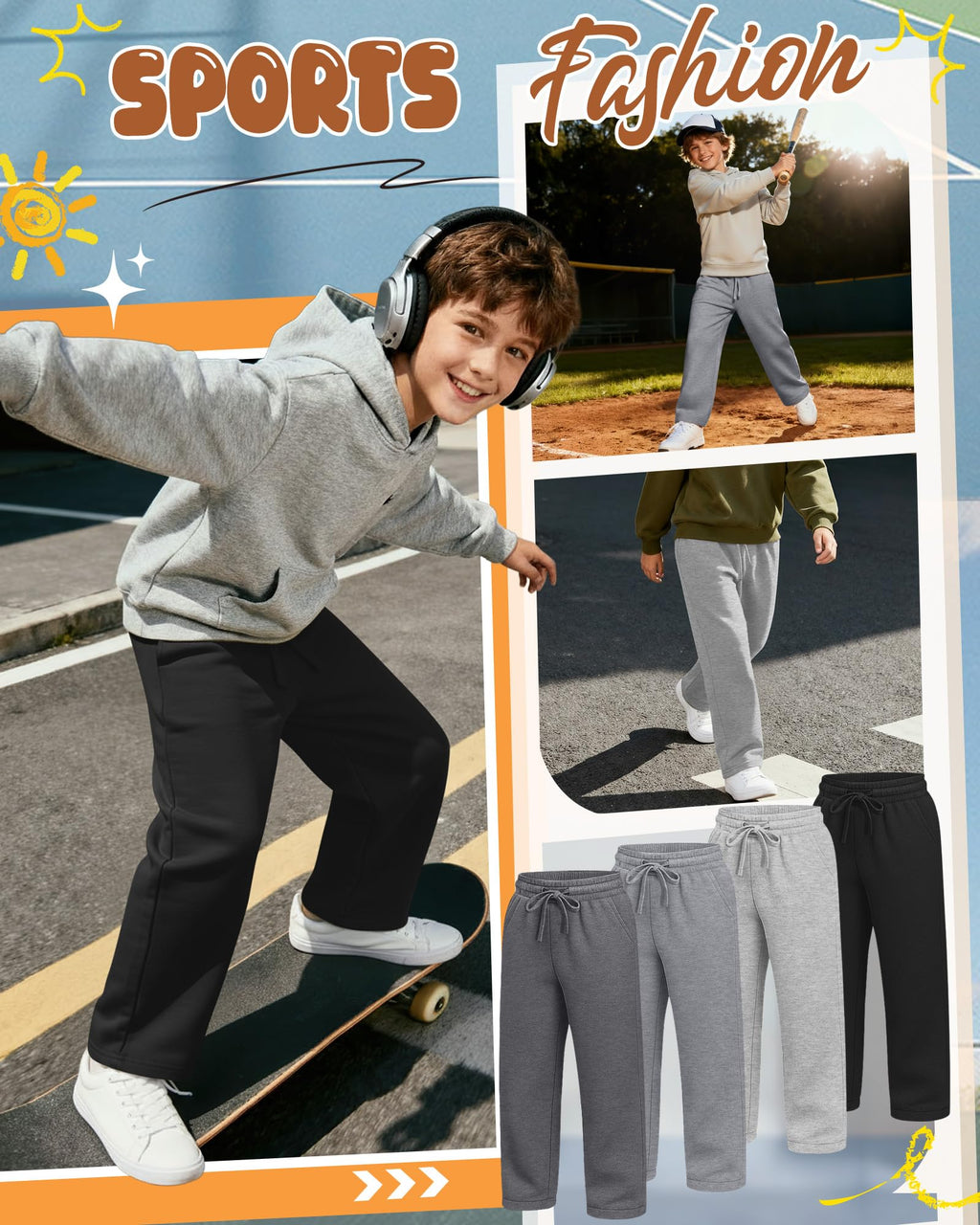 LessonZoo 4 Pack Boys Baggy Sweatpants Straight Leg Open Bottom Casual Pants Basic Elastic Waist Athletic Kids Joggers(Dark Gray, Light Gray, Gray, Black,Large)