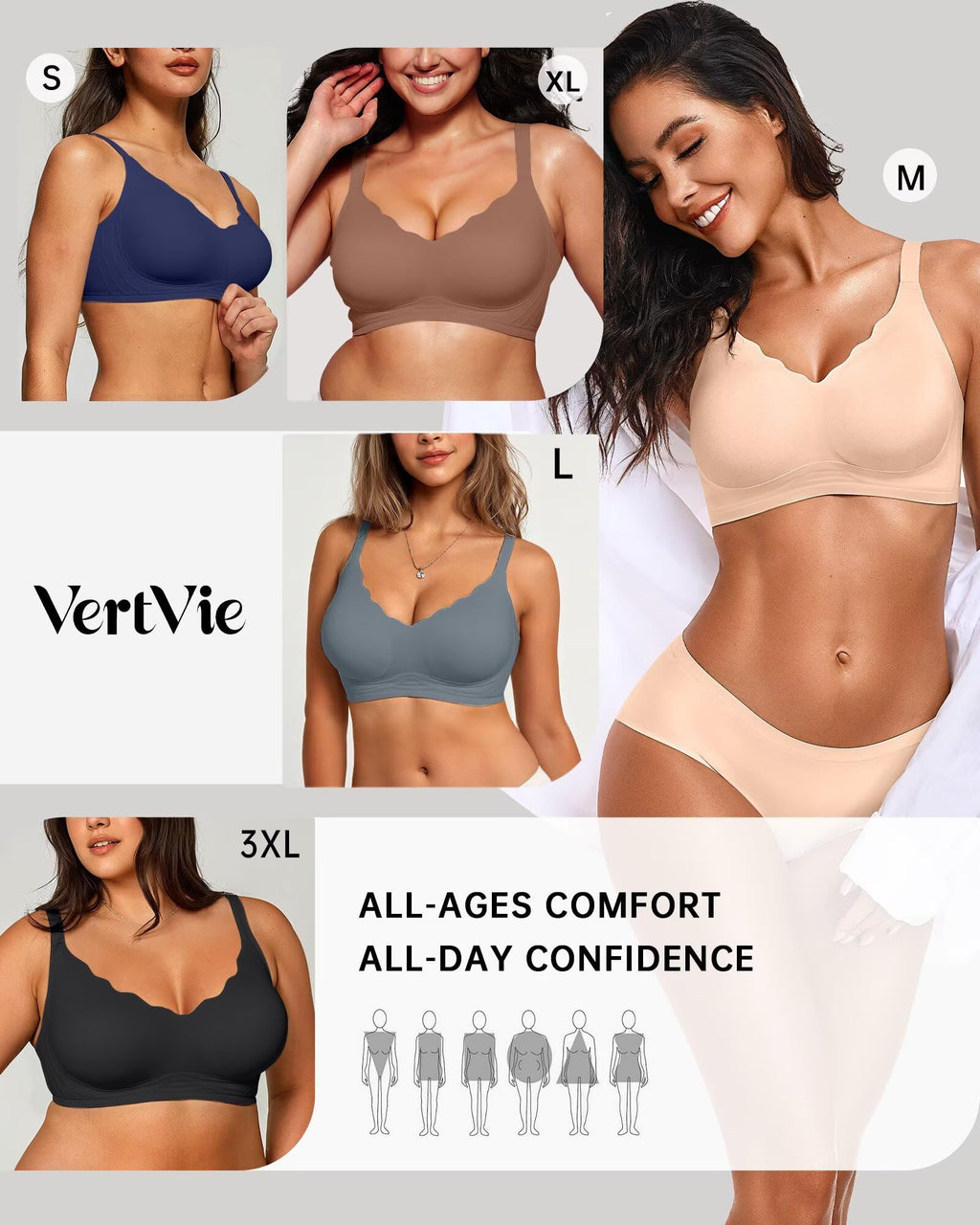 Vertvie Women Seamless Jelly Bras No Underwire Supportive Wireless Push Up Full Coverage Bralette Comfy Scalloped T-Shirt Bra(Nude,X-Large)