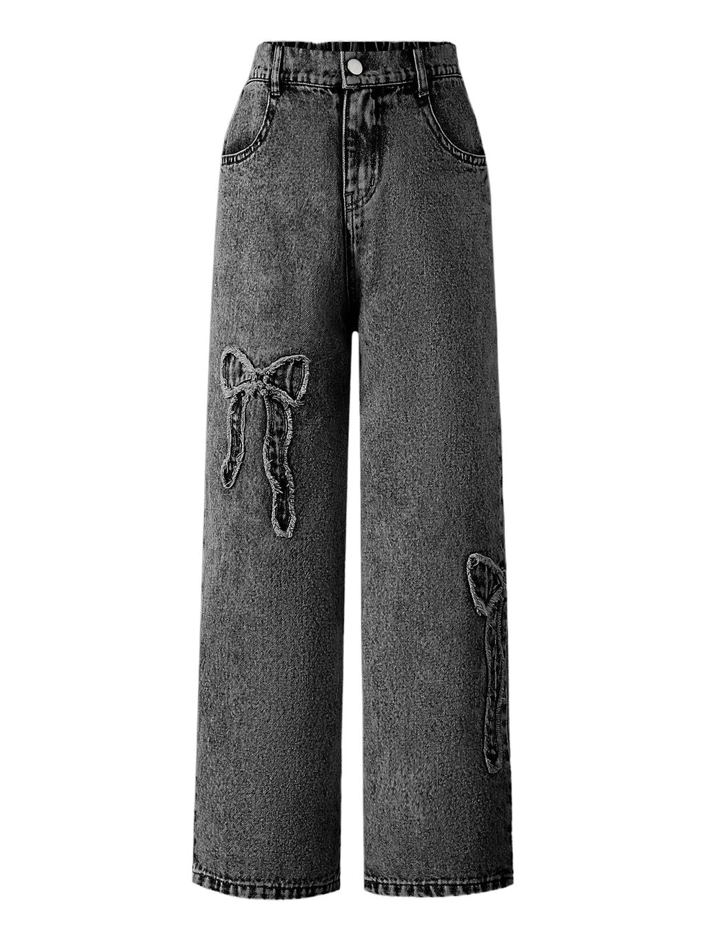 WDIRARA Girl's Bowknot Print Washed Jean Elastic Waist Denim Pants Straight Leg Trousers with Pockets Black 15Y