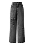 WDIRARA Girl's Bowknot Print Washed Jean Elastic Waist Denim Pants Straight Leg Trousers with Pockets Black 15Y