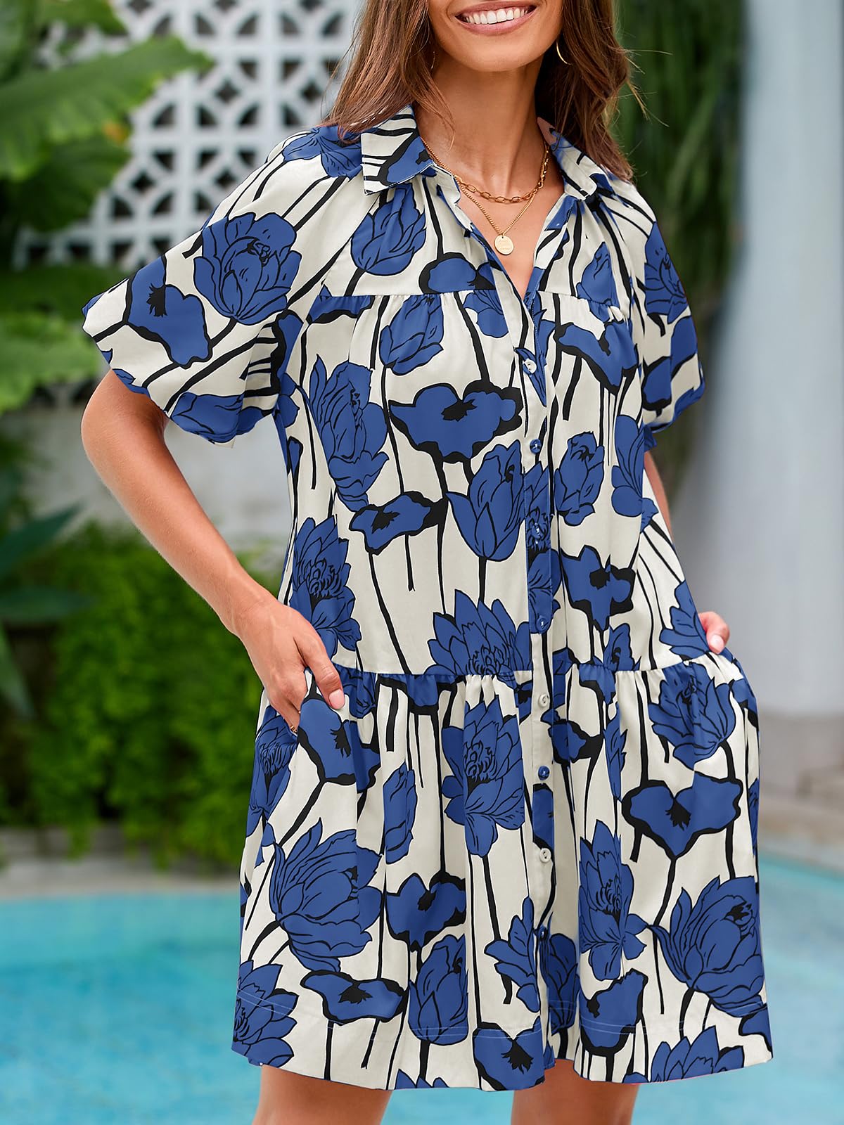 Wenrine Women's Summer Button Down Shirt Dress Floral Puff Short Sleeve Casual Loose Fit Beach Mini Dresses Blue