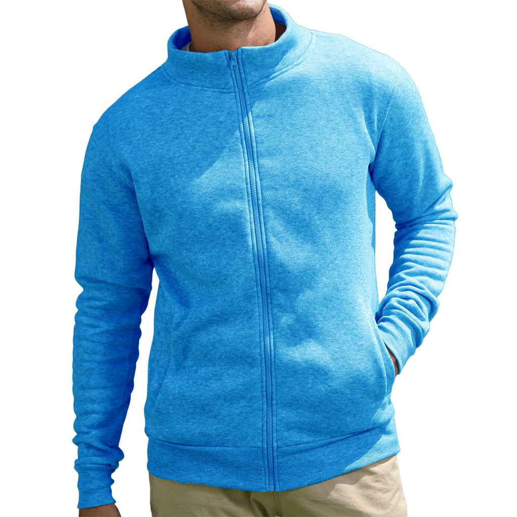 BRAPRO Men's Full-Zip Sweatshirt No Hood Hoodies Stand Collar Cardigan Pockets Jacket Casual & Active Loose Cotton Fleece Blue M