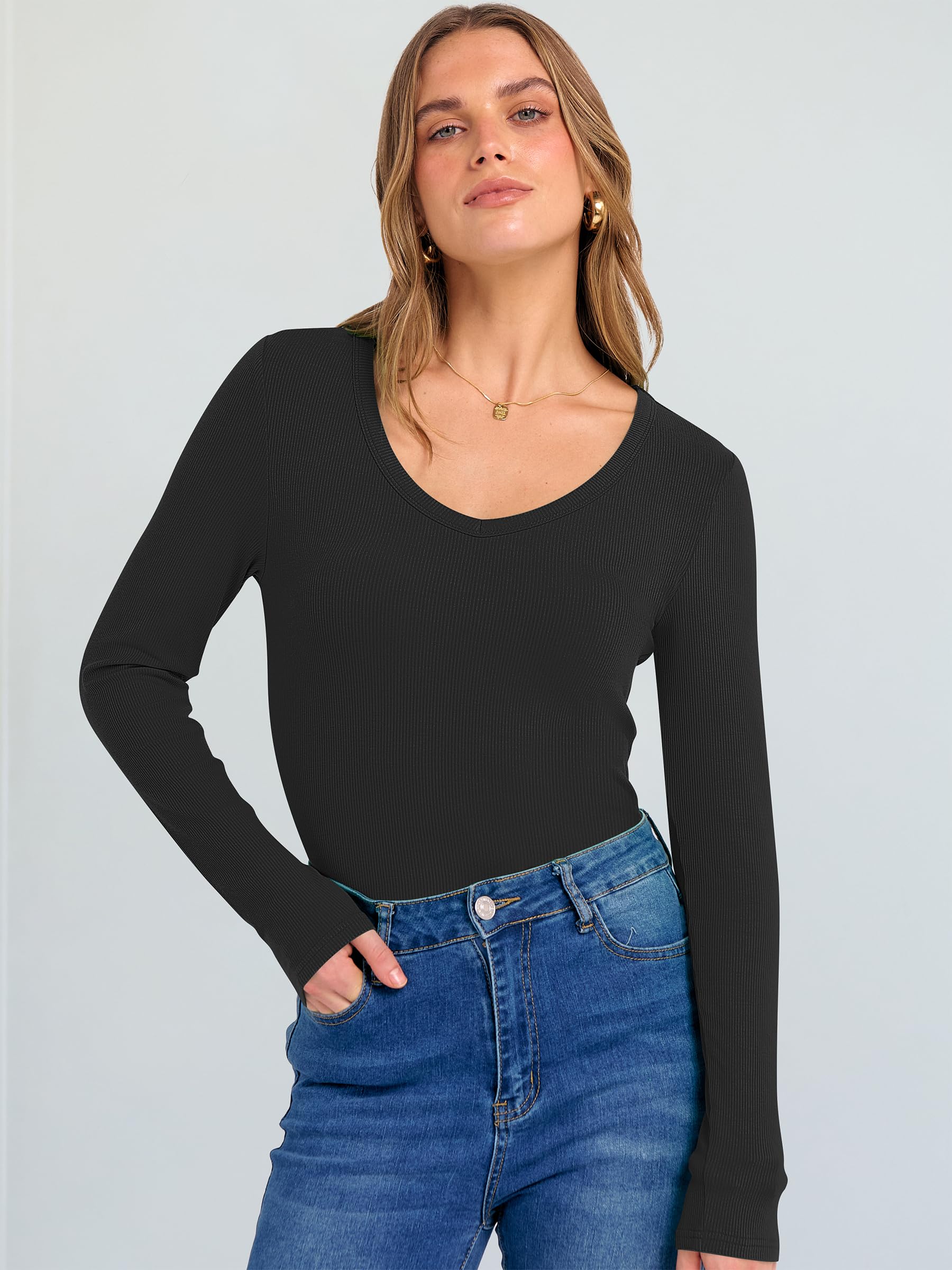 ANRABESS Long Sleeve Shirts for Women V Neck Ribbed Knit Fitted Fall Basic Tshirts Going Out Tops 2026 Casual Trendy Clothes Black Large