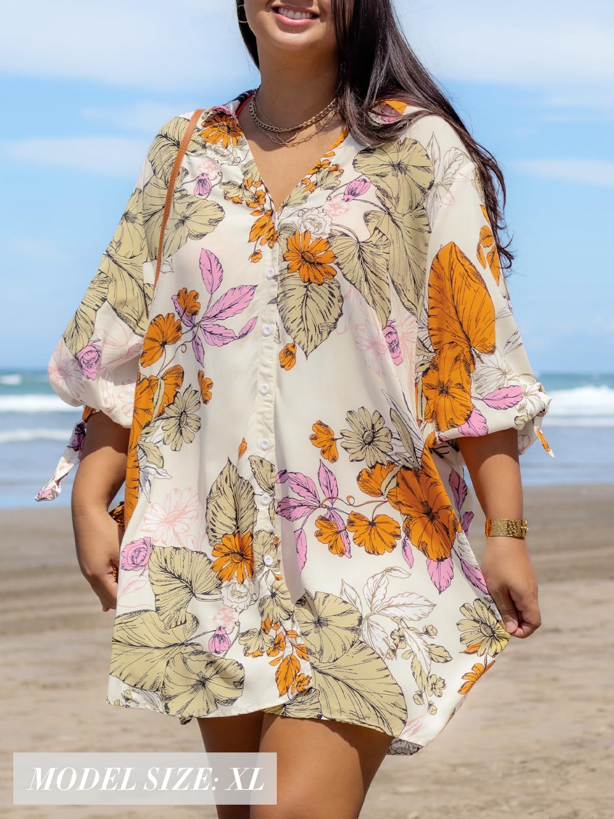 CUPSHE Women Floral Shirt Dress Cover Up Beach Dress 3/4 Sleeve Button Down Midi Length Dress White Yellow M