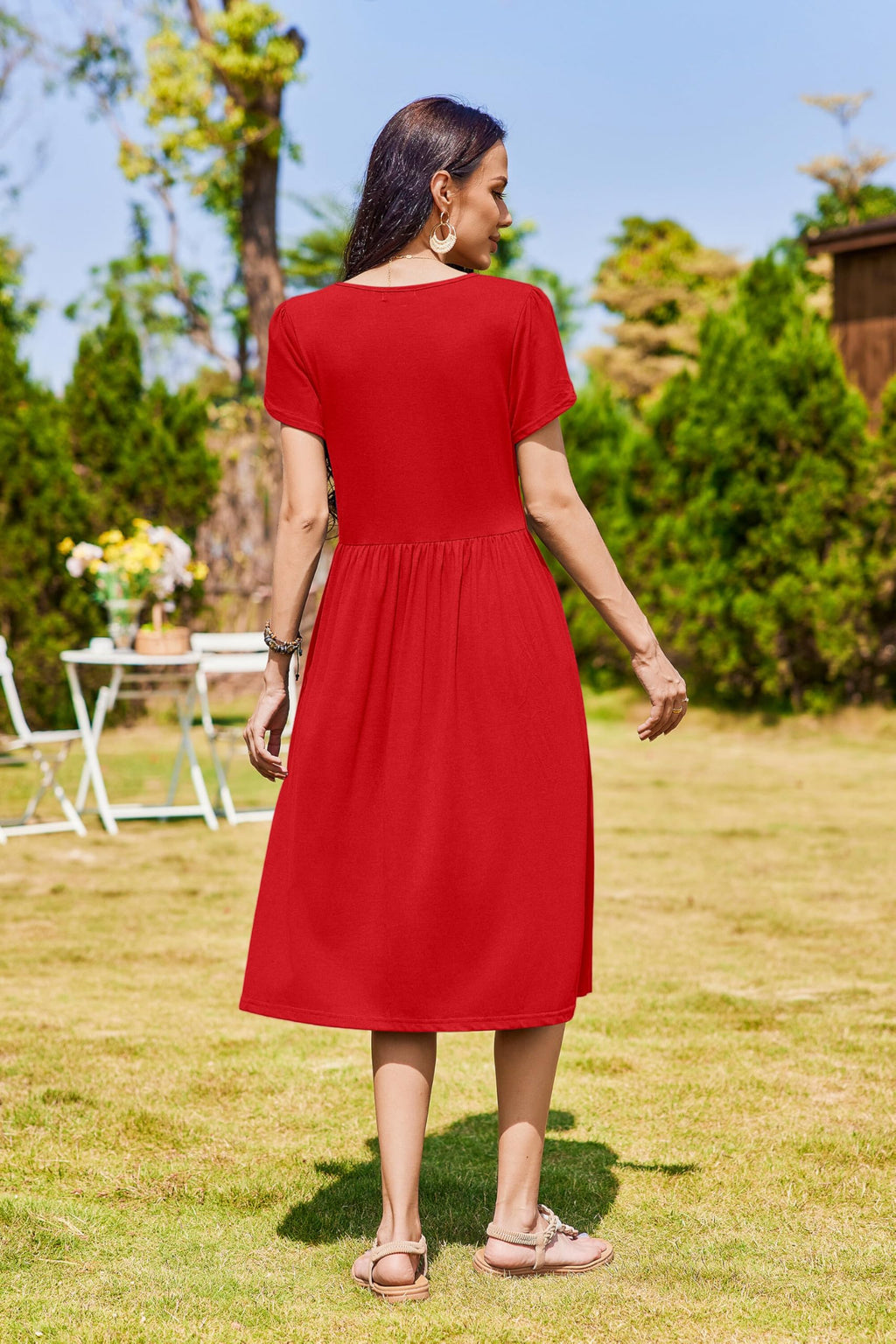 Zeagoo Short Sleeve Dress for Women Casual Summer Tshirt Dress Wedding Guest Dresses Short Sleeve Midi Dress Fashion Beach Vacation Sundress with Pocket Red