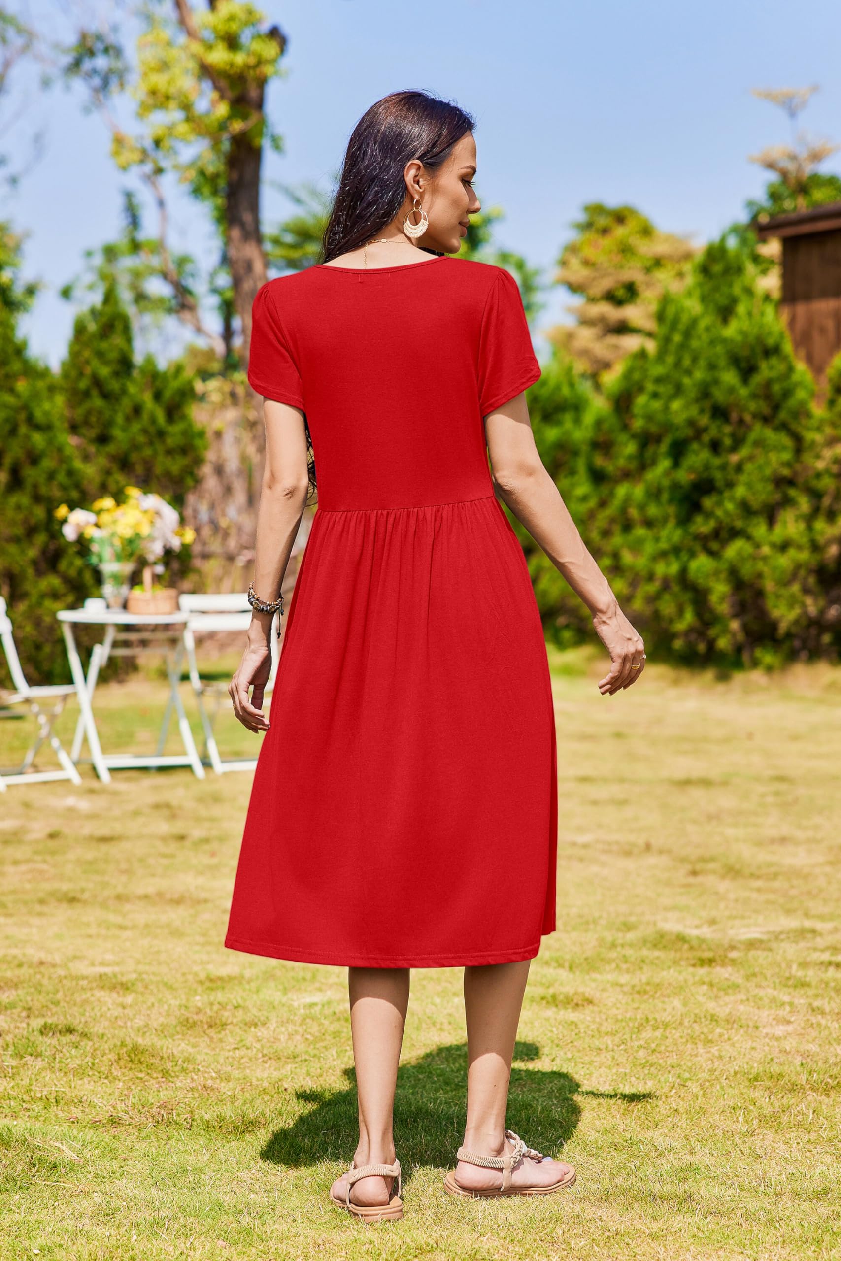 Zeagoo Short Sleeve Dress for Women Casual Summer Tshirt Dress Wedding Guest Dresses Short Sleeve Midi Dress Fashion Beach Vacation Sundress with Pocket Red