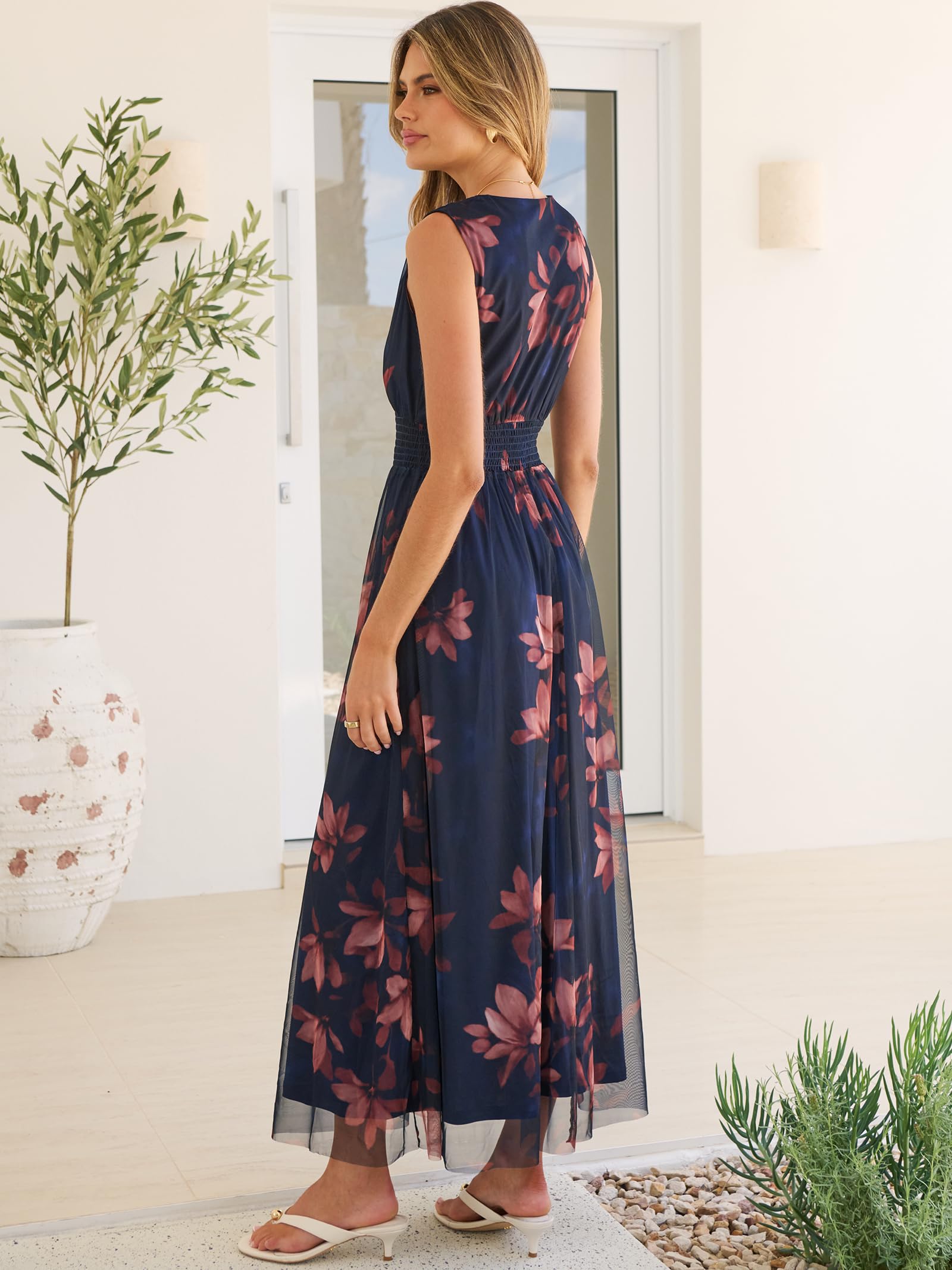 ANRABESS Womens Summer Floral Dress V Neck Sleeveless A Line Wedding Guest Maxi Tulle Dresses Casual Beach Vacation Clothes Brown Beige Floral X-Large