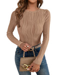 PRETTYGARDEN Women's Tops 2026 Spring Fashion Long Sleeve Crewneck Blouse Fitted Textured Basic Knit T Shirt Y2k Clothes(Khaki,X-Large)