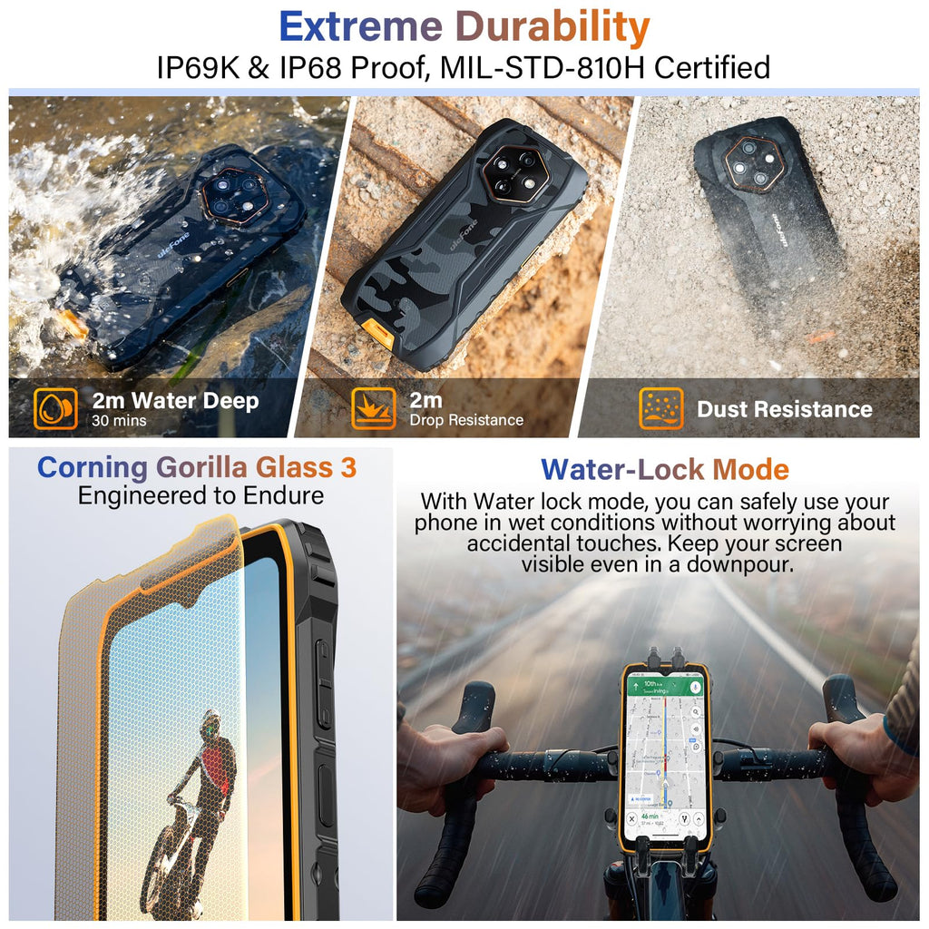 Ulefone RugKing 4 Pro Android 15 Rugged Phone, 16GB+256GB 10200mAh Battery 6.56" 120Hz Display Tough Smarthone, 48MP Main Camera, Built-in Glare Flashlight, NFC/ 4G Dual SIM/Widevine L1 - Orange