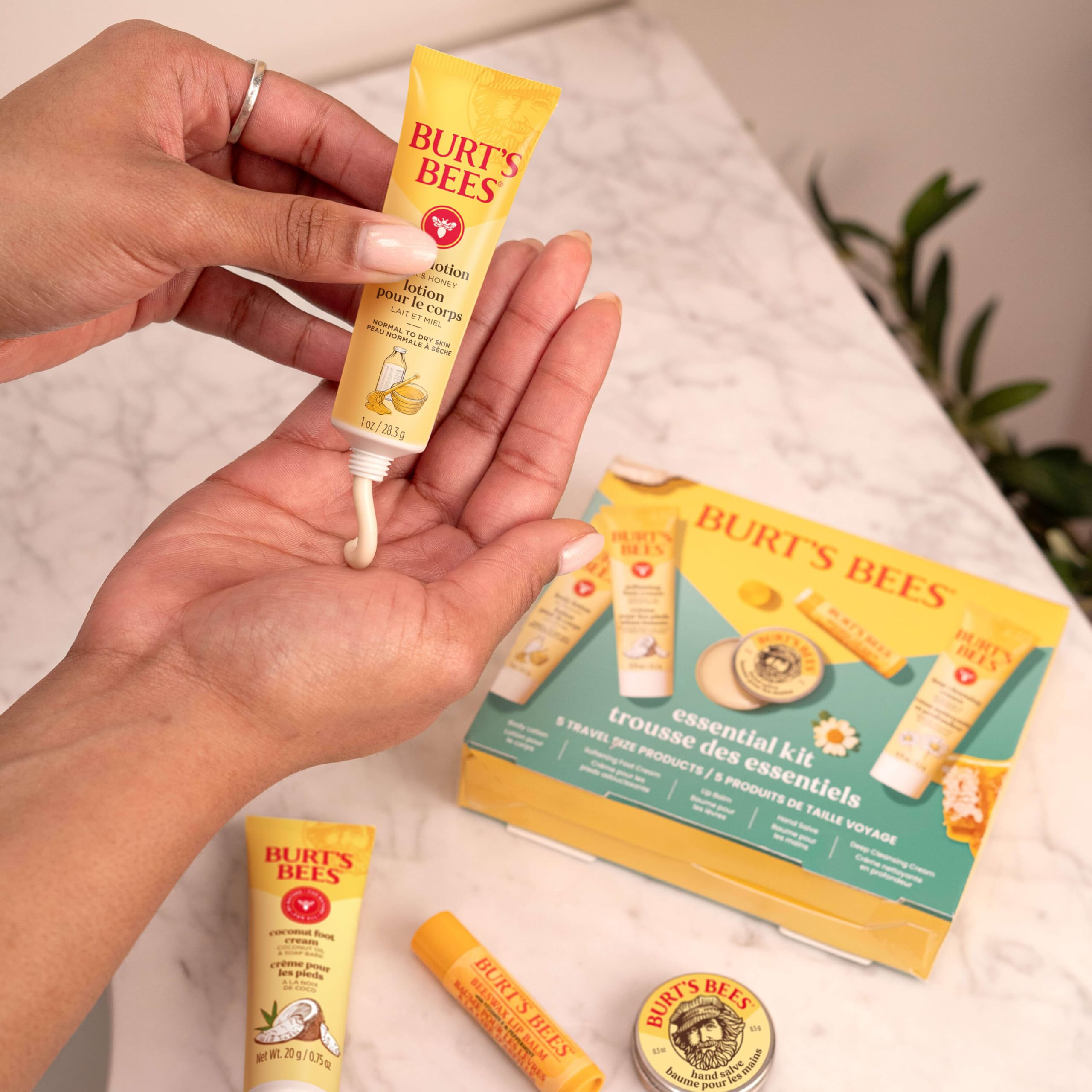 Burt's Bees Valentine's Day Gift Ideas - Essentials Everyday Set, 5 Travel Size Products - Deep Cleansing Cream, Hand Salve, Body Lotion, Foot Cream and Original Lip Balm
