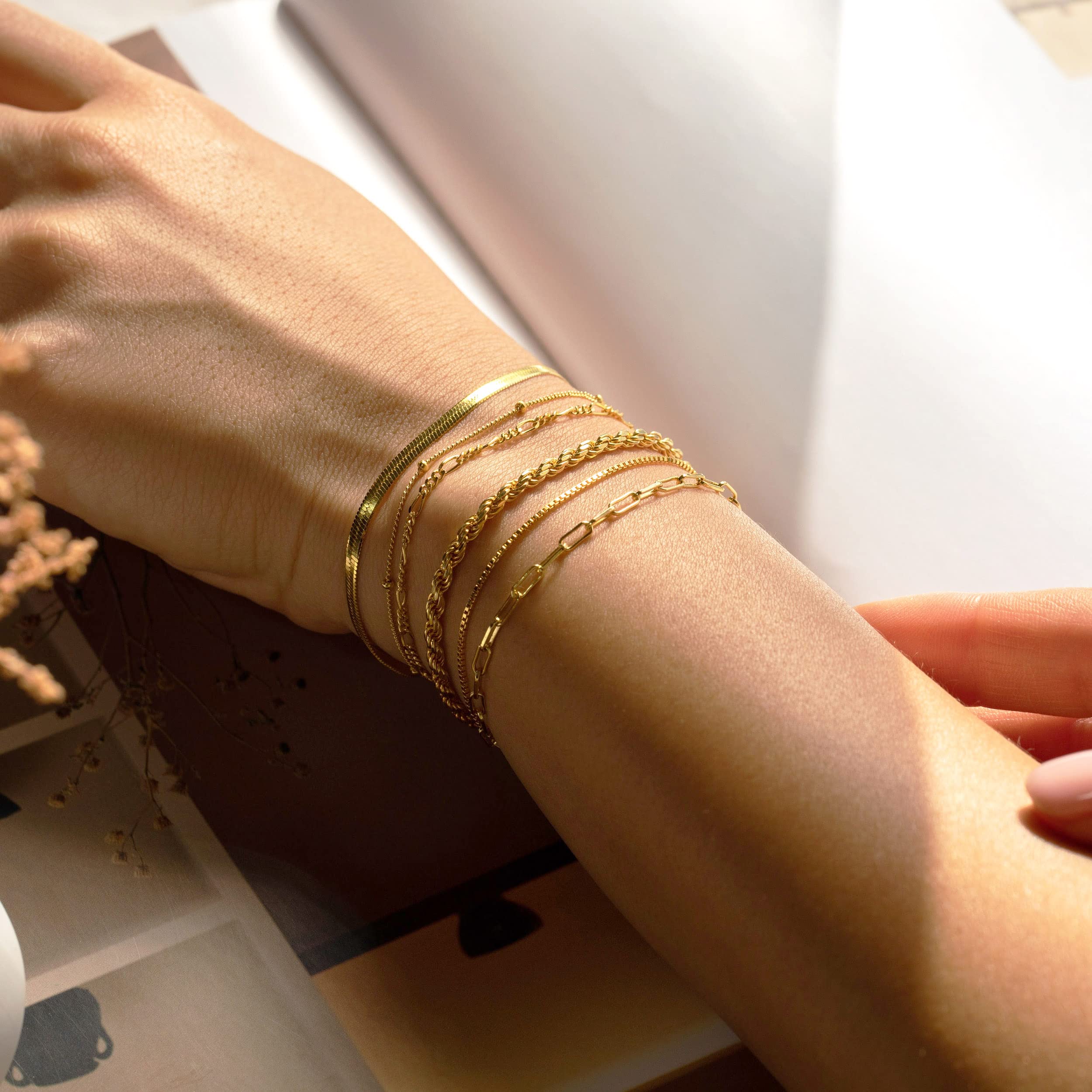 DEARMAY 14K Gold Plated Bracelets for Women Jewelry Sets Stack Trendy Dainty Stackable Paperclip Rope Snake Box Figaro Chain Bracelets Pack Costume Fashion Gifts