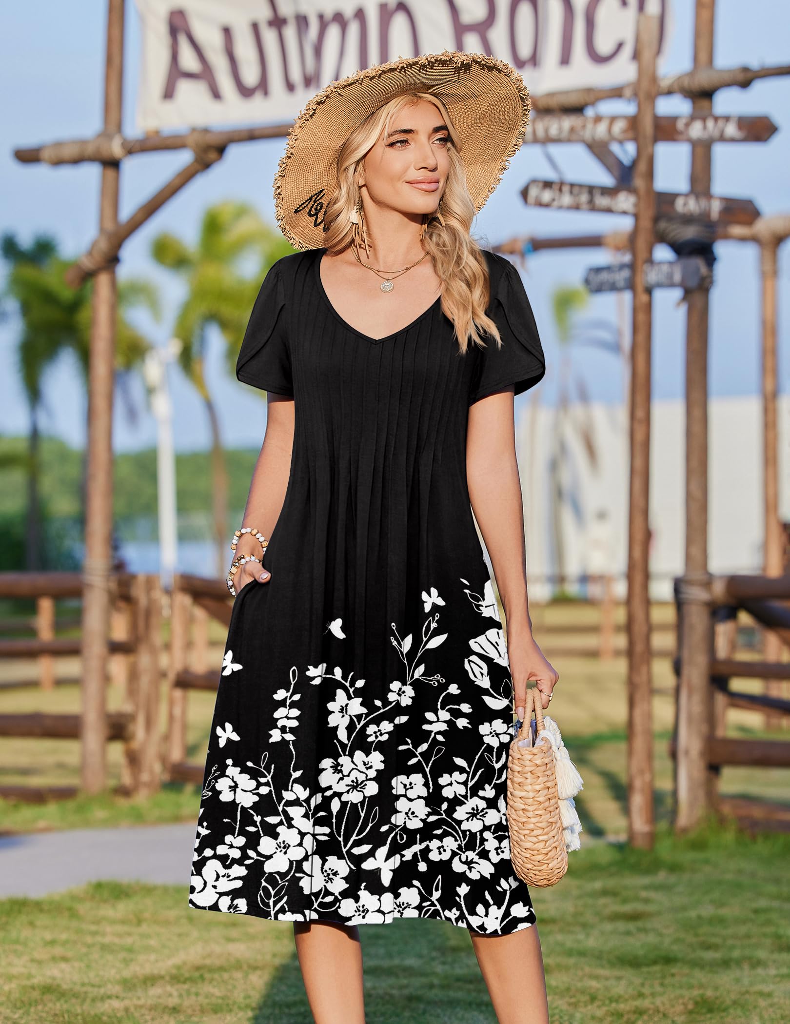 Zeagoo Swing A Line Midi Mothers Day Dress Boho Dresses for Women 2026 Modest Dresses Midi Summer Dress Ladies Short Sleeve Floral Dress Pleated Sundress Black XL