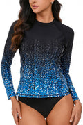 Halcurt Womens Long Sleeve Rash Guard Swim Shirts with Built in Bra UPF50+ Sun Protection Swimsuit Top Ombre Black Blue M