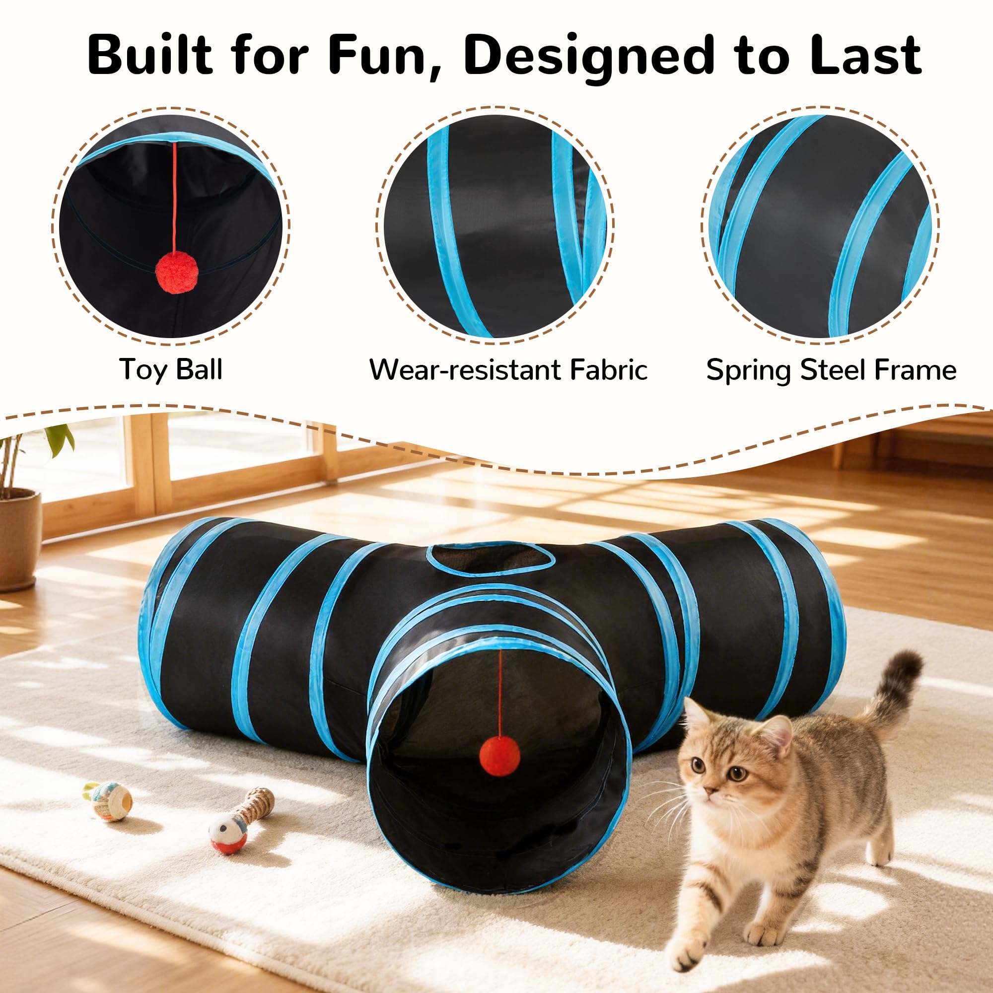 Tempcore Pet Cat Tunnel Tube Cat Toys 3 Way Collapsible, Tunnels for Indoor Cats，Kitty Bored Peek Hole Toy Ball Cat, Puppy, Kitty, Kitten, Rabbit