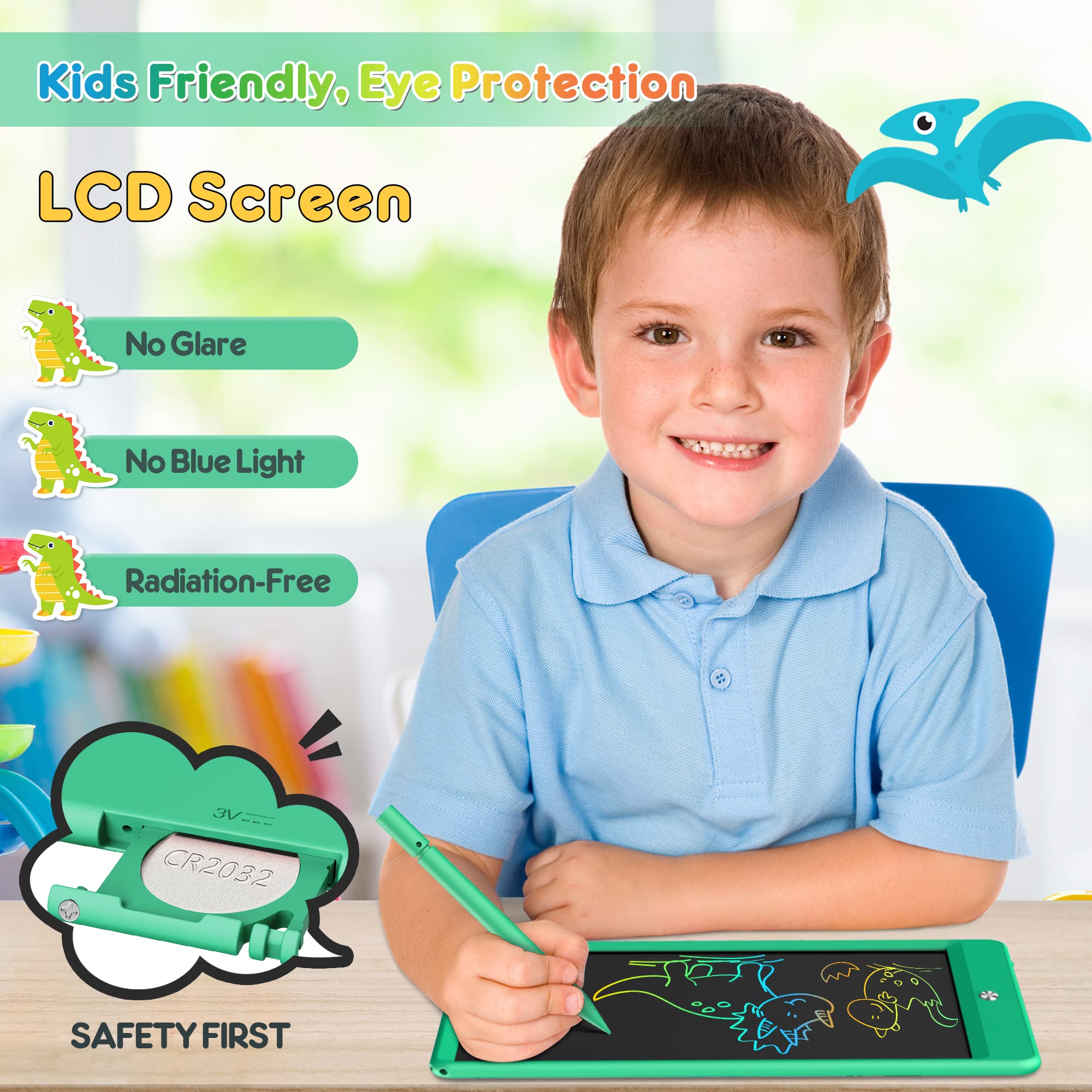 FLUESTON LCD Writing Tablet, Doodle Board Toys Gifts for 3-8 Year Old Girls Boys, 10 Inch Colorful Electronic Board Drawing Pad for Kids, Gifts for Toddler Educational Learning Travel Christmas, Green