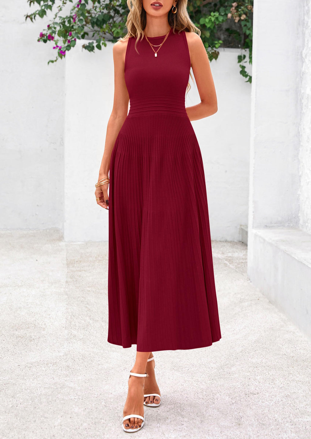 PRETTYGARDEN Spring Casual Dresses for Women 2026 Summer Business Work Midi Sleeveless A Line Pleated Cocktail Dress(Burgundy,Medium)