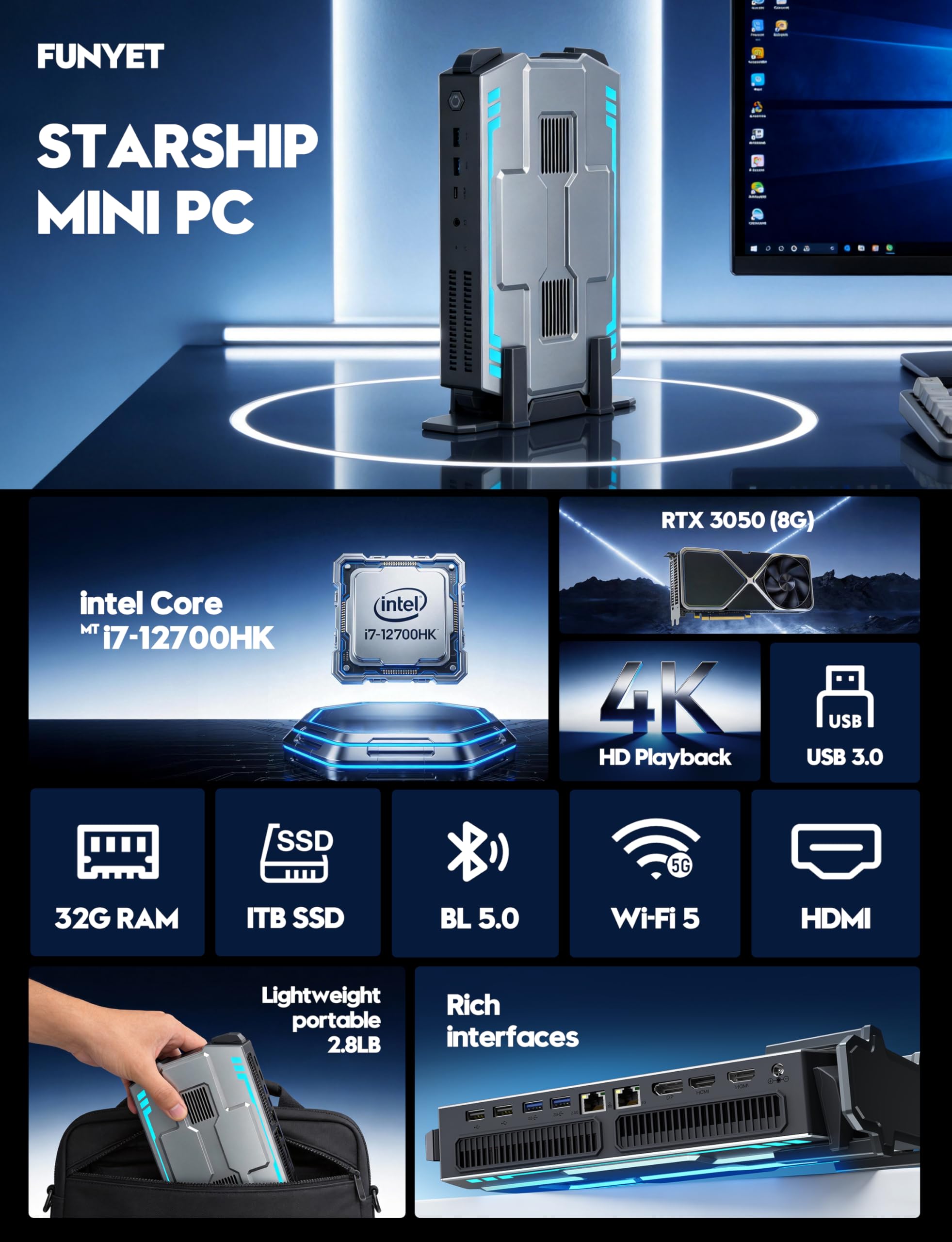 FUNYET Mini Gaming PC,Window 11 Pro Desktop Computer,Tower PC 2026,i7-12700HK Processor (14C/20T,up to 4.7GHz),RTX 3050 8G Graphic,32GB RAM 1TB SSD,Support 4K Display, Dual LAN,WiFi 5,BT 5.0,RGB
