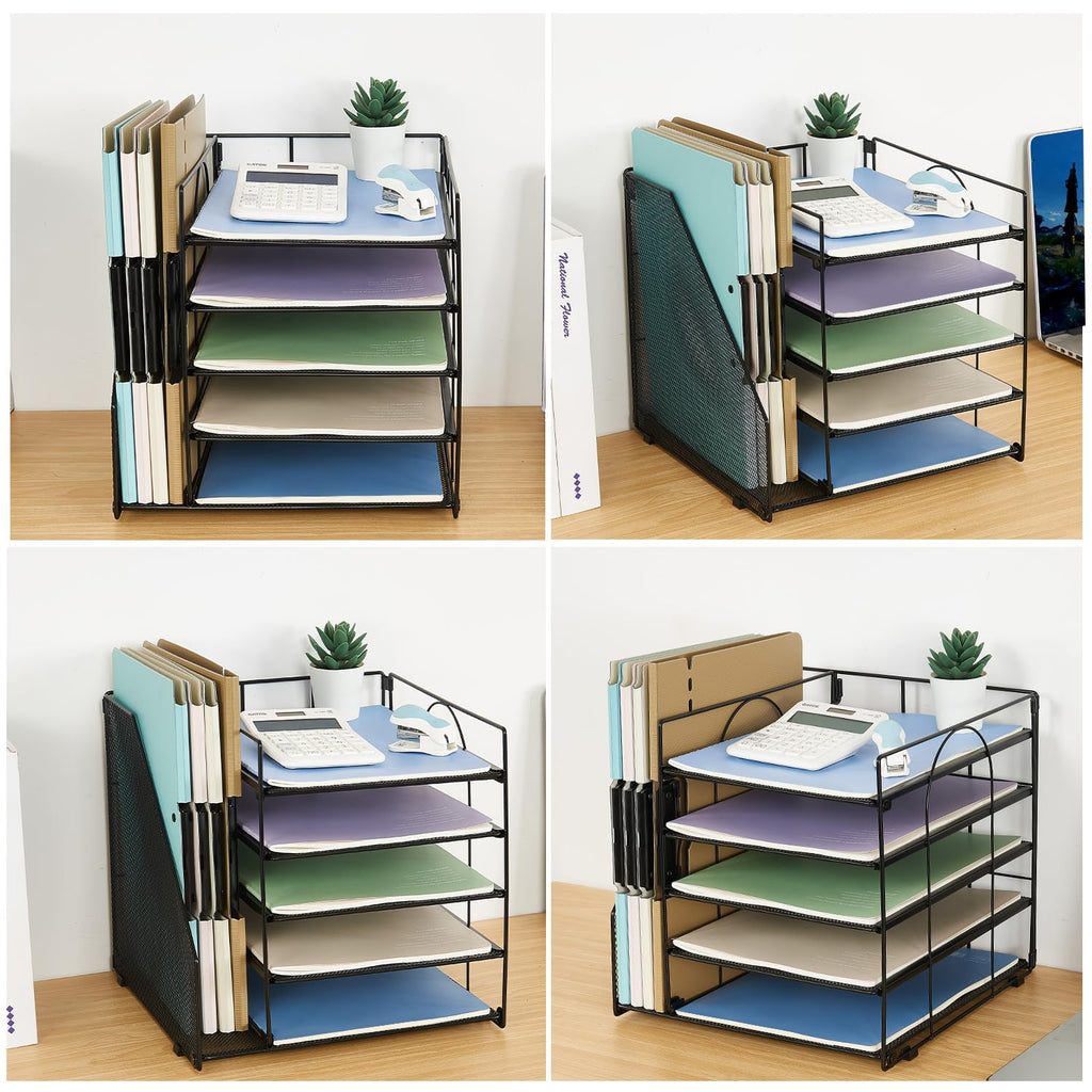 LEKETREE Desk Organizers and Accessories, 5-Tier Paper Letter Tray Organizer with File Holder, Desktop Organizer for Office Supplies (Black)