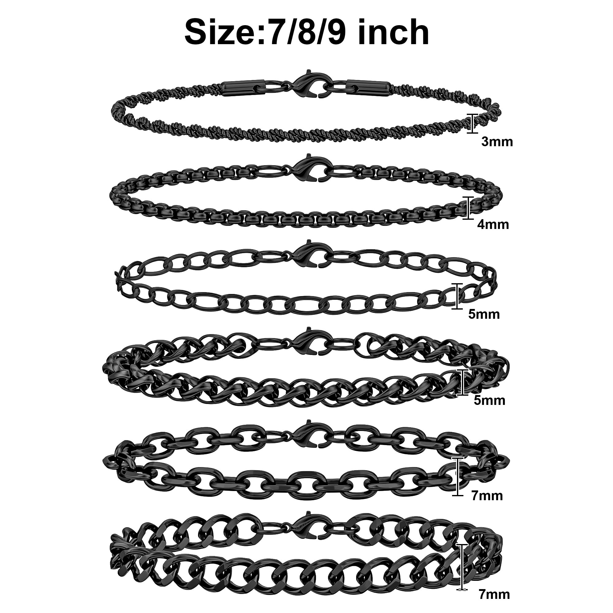 Aospkle 6PCS Stainless Steel Bracelets for Men Women, Black Cuban Link Rope Box Wheat Chain Paperclip Figaro Jewelry Set, 8 Inches
