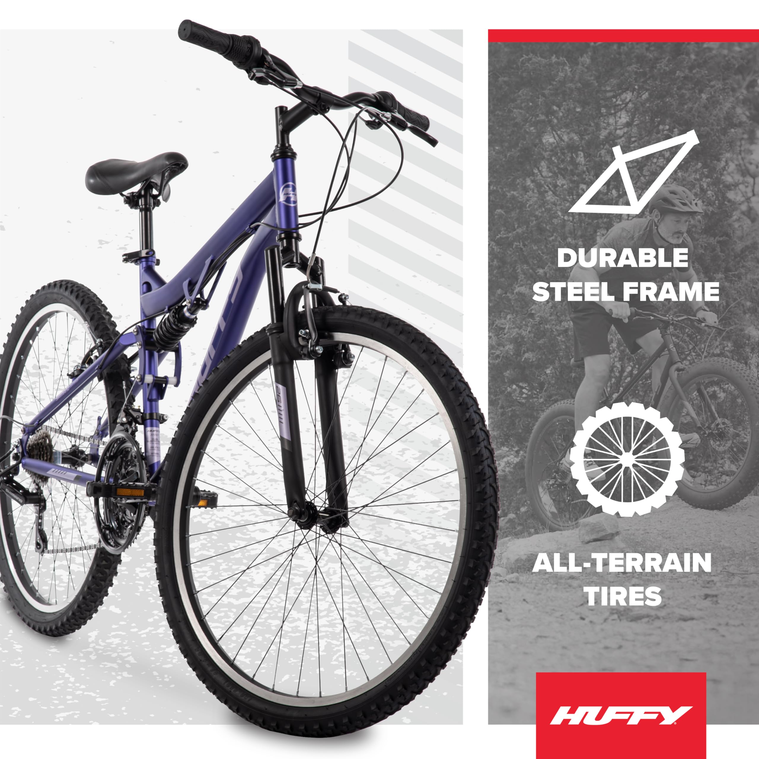 Huffy Stone Mountain Womens 26 Inch Mountain Bike, Midnight Purple Frame, 21-Speed Shimano Twist Shifting, Dual Suspension, Comfort Saddle | 20"/24"/26" Sizes, 6-21 Speeds, Dual Suspension Available |