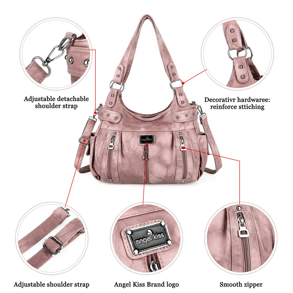 Angel Kiss Large Purses and Handbags for Women Washed Faux Leather Crossbody Hobo Satchel Shoulder Handbag Tote Purse-1Pink