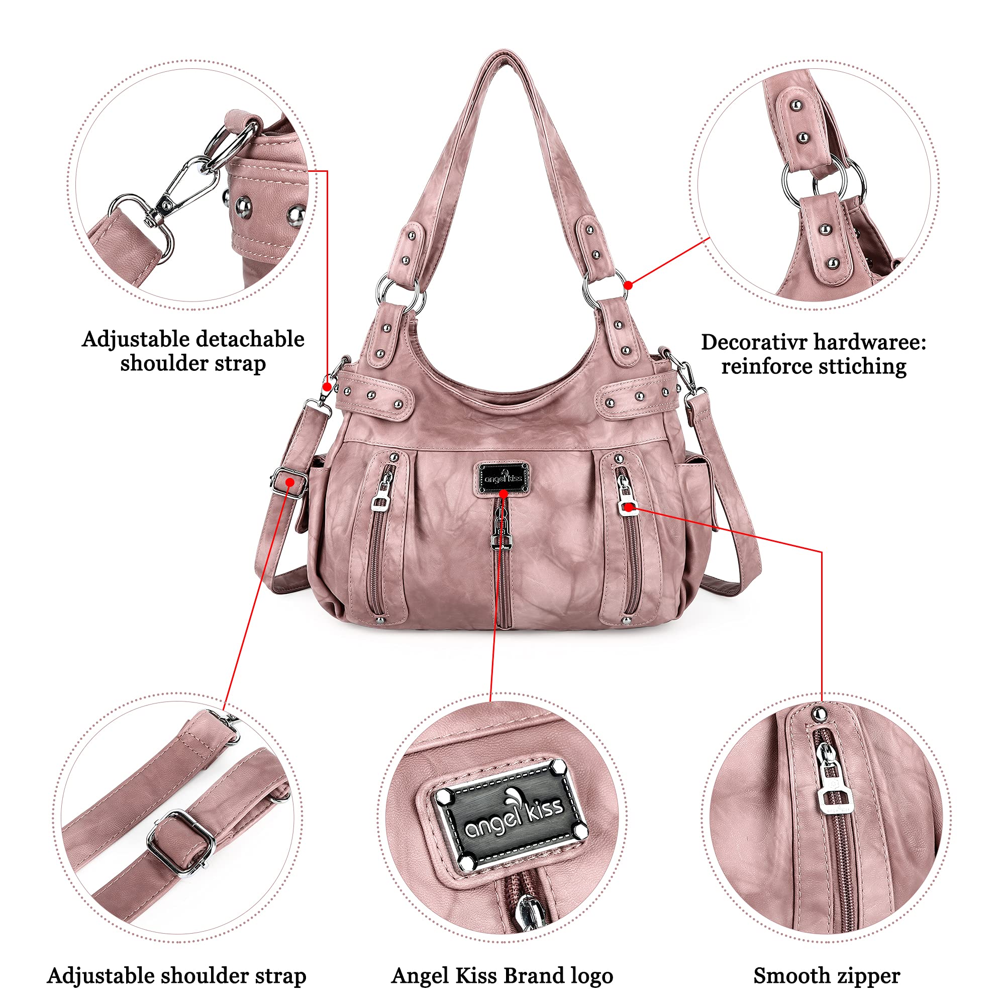 Angel Kiss Large Purses and Handbags for Women Washed Faux Leather Crossbody Hobo Satchel Shoulder Handbag Tote Purse-1Pink