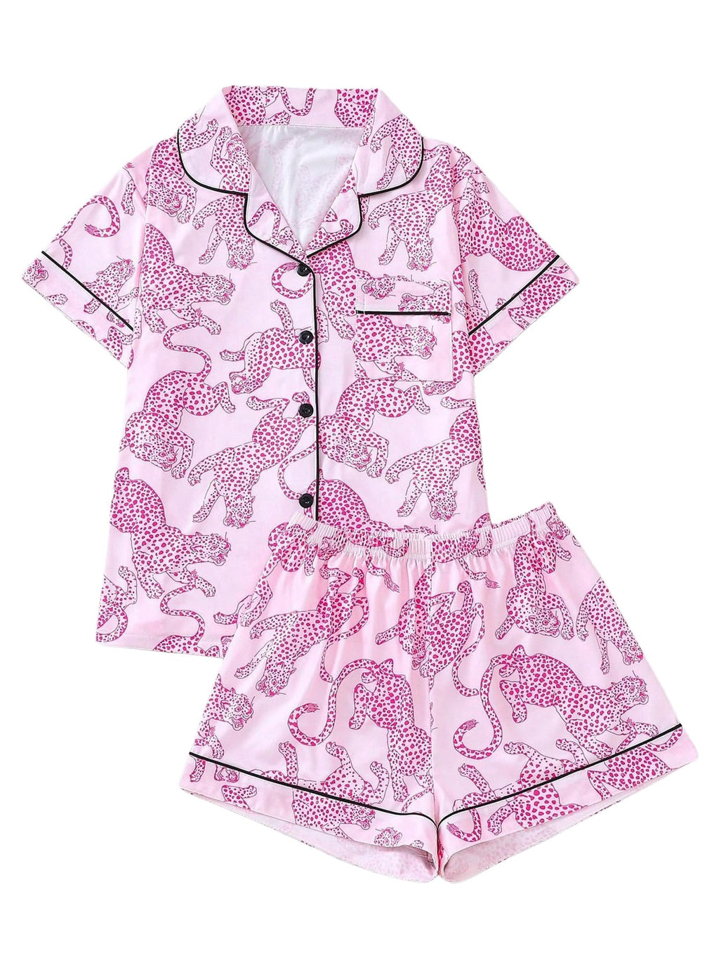 WDIRARA Women's Two Piece Animal Print Short Sleeve Button Shirt and Elastic Waist Shorts Pajama Set Hot Pink Medium