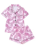 WDIRARA Women's Two Piece Animal Print Short Sleeve Button Shirt and Elastic Waist Shorts Pajama Set Hot Pink Medium