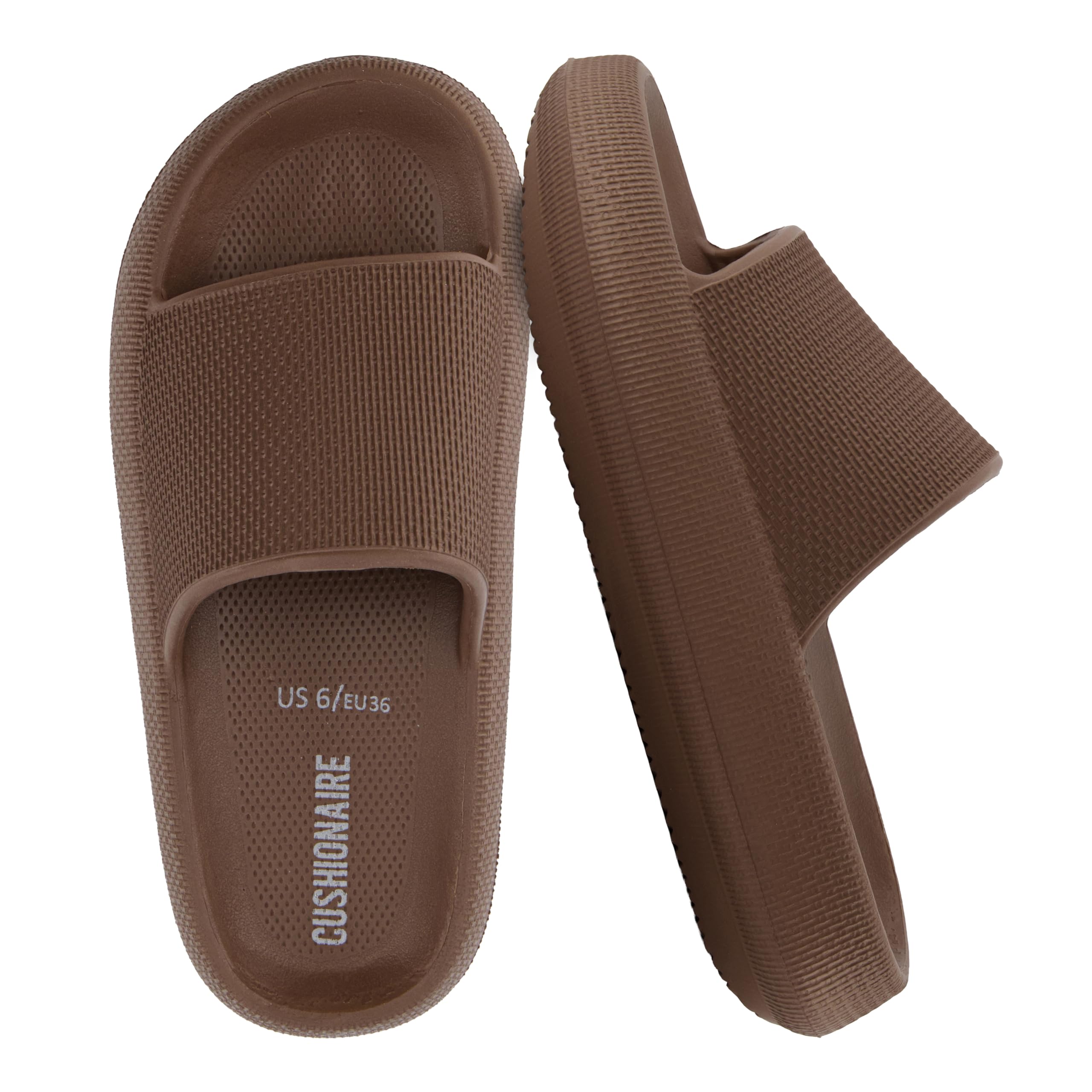 CUSHIONAIRE Feather EVA Slides for Women – Comfortable Slip On Womens Slippers, Indoor Outdoor Shower Shoes, Beach Essential Cloud Slides, Mocha 6