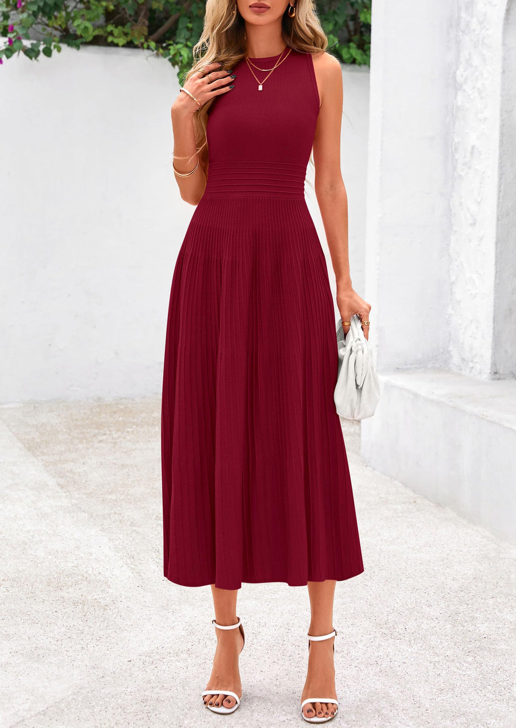PRETTYGARDEN Spring Casual Dresses for Women 2026 Summer Business Work Midi Sleeveless A Line Pleated Cocktail Dress(Burgundy,X-Large)